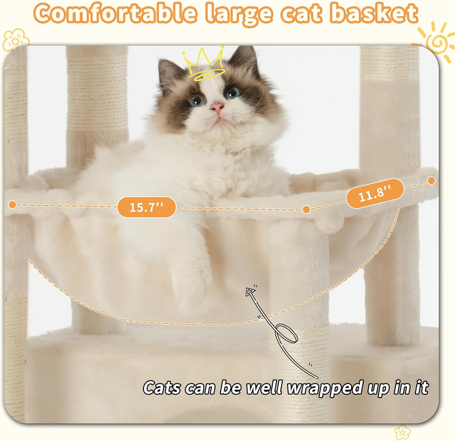 Thumbnail 3 de Heybly Cat Tree HCT008SM, 80cm Kitten Tower with Large Soft Basket, Scratching Posts & Hidden Cave Bed
