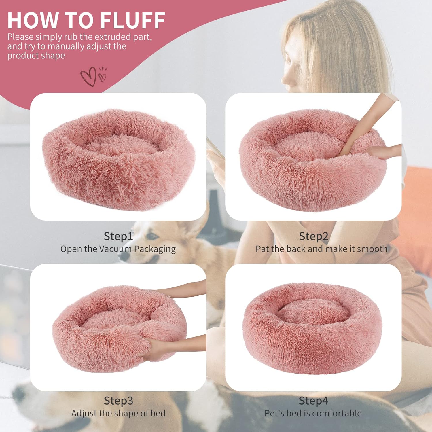 Detalle de BVAGSS Rundes Hundebett Donut – Flauschiges, waschbares Kuschelbett, Ø 40 cm, Pink