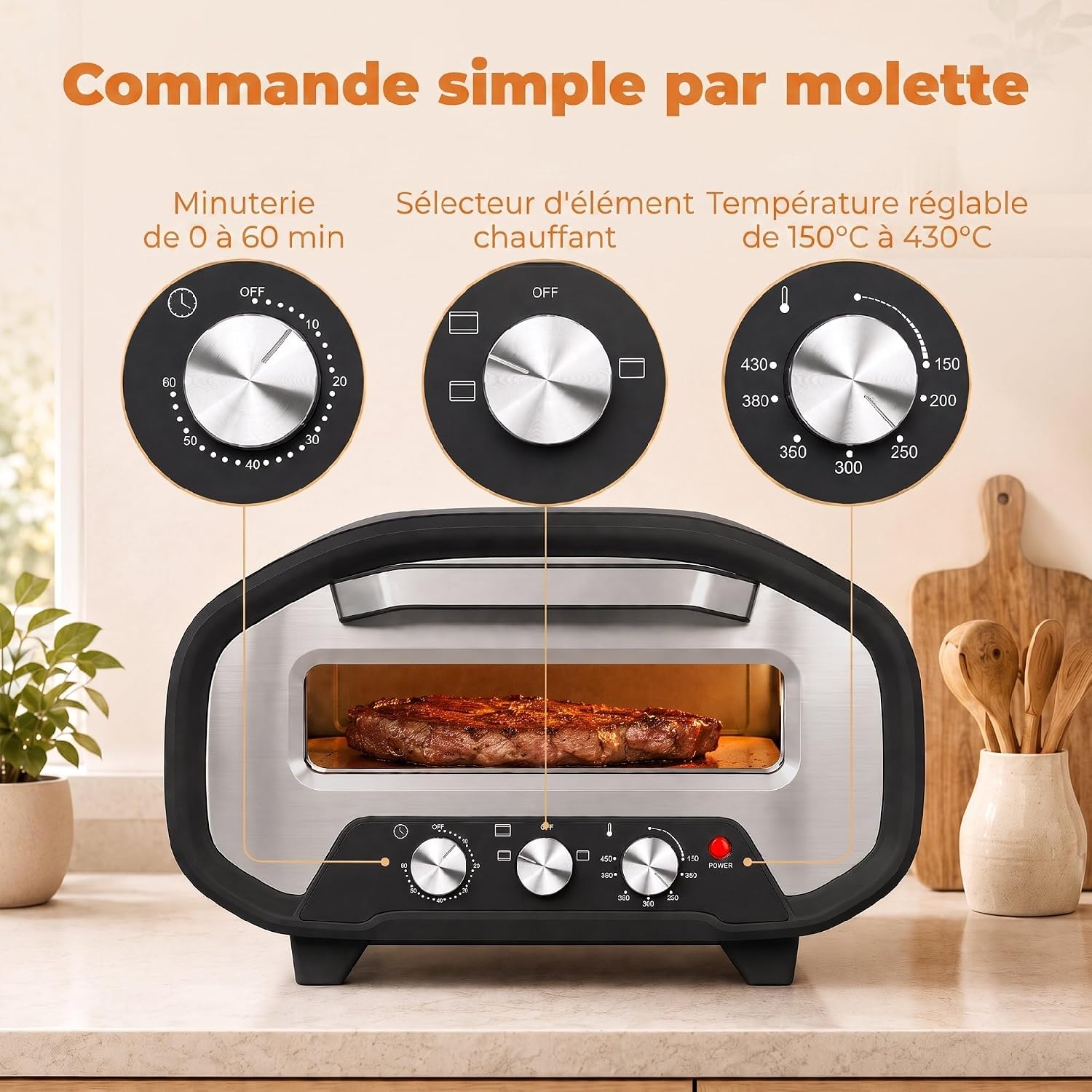 Detalle de HOMCOM 800-350V90GY elektrische pizzaoven, 2200 W, tot 430 °C