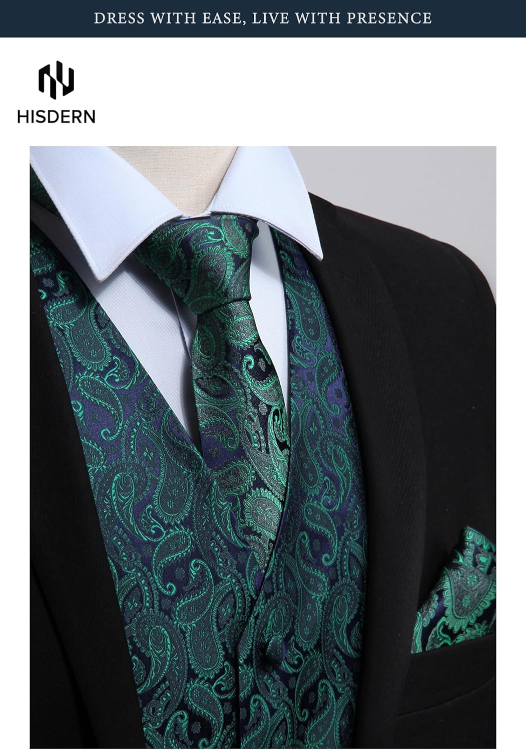 Thumbnail 1 de HISDERN Men's Vest Tie Set 3-Piece: Paisley Jacquard Waistcoat, Necktie & Pocket Square for Formal Wear