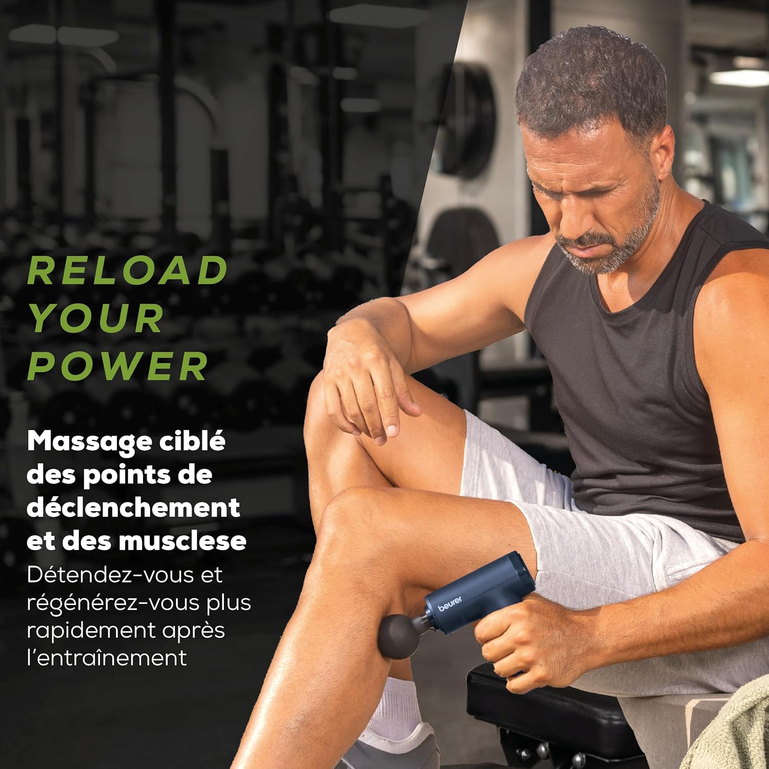 Detalle de Beurer PowerReload Pistolet de massage — 5 embouts, 5 niveaux, sans fil, ultra silencieux