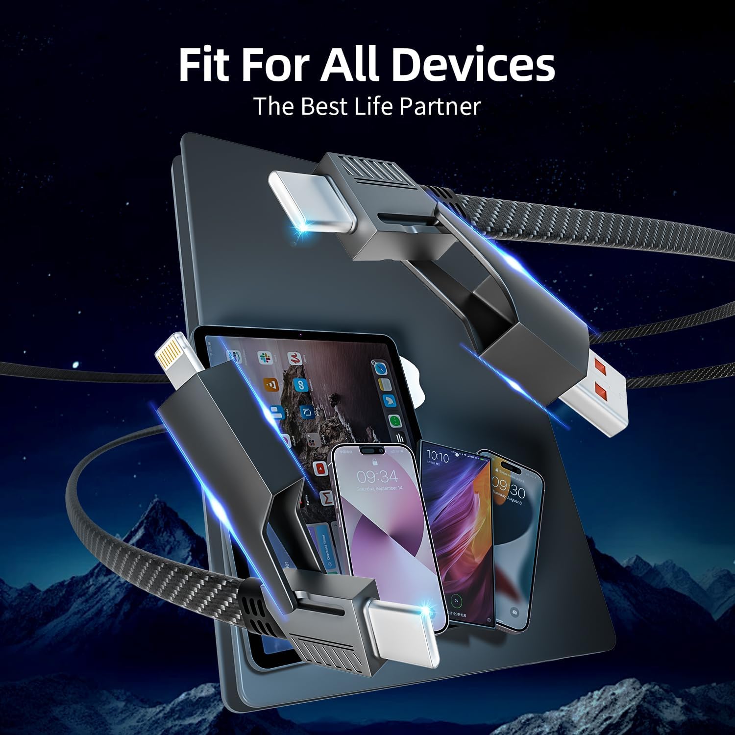 Thumbnail 4 de 4 in 1 USB-C Charging Cable (65W) with E-Mark Chip — USB-A + Lightning + Dual USB-C Multi-Charger Cord