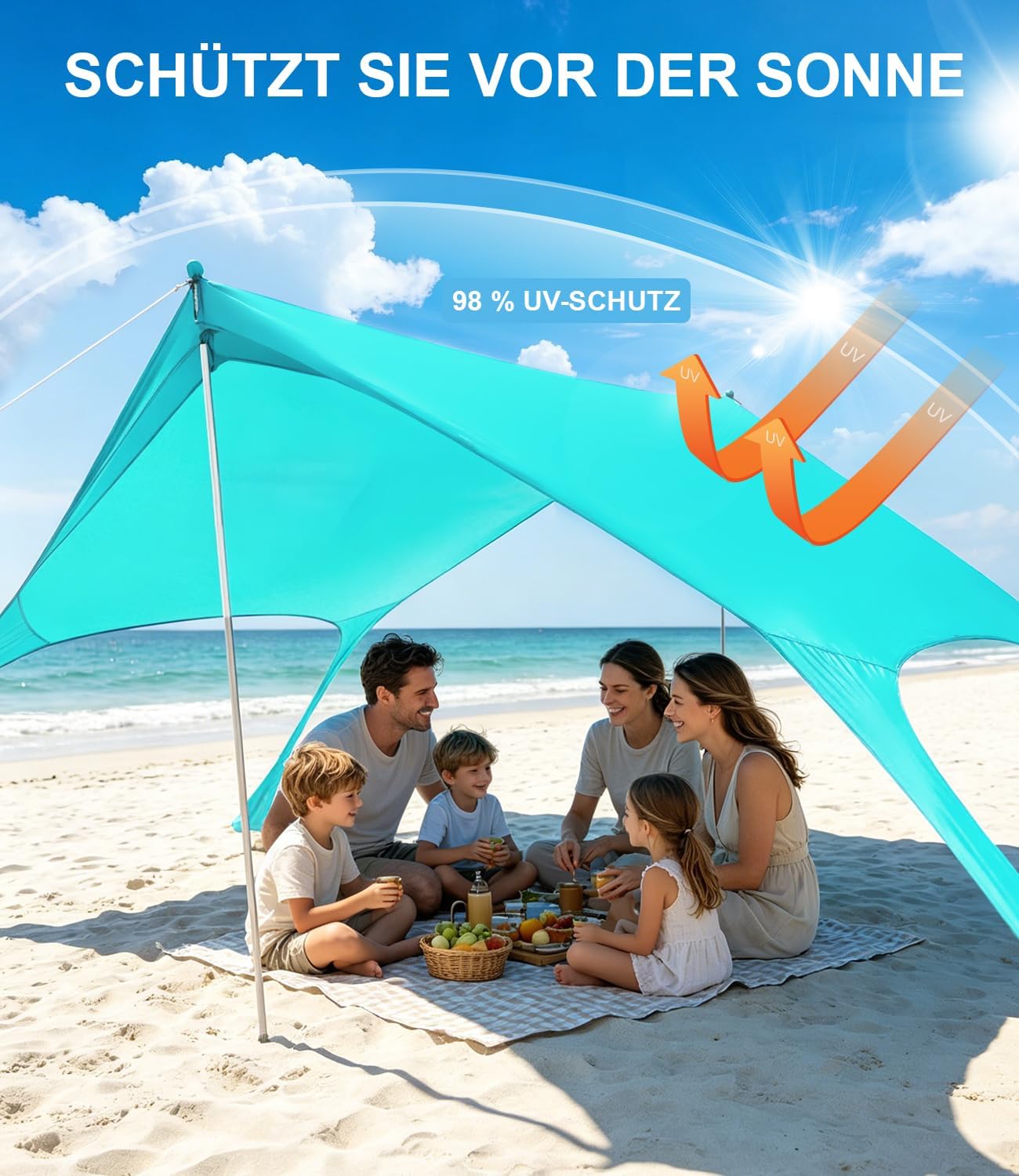 Detalle de MAXVINI UPF50+ Strandzelt 3m x 3m – UV-Schutz, stabile Dreieckskonstruktion & Sandsäcke
