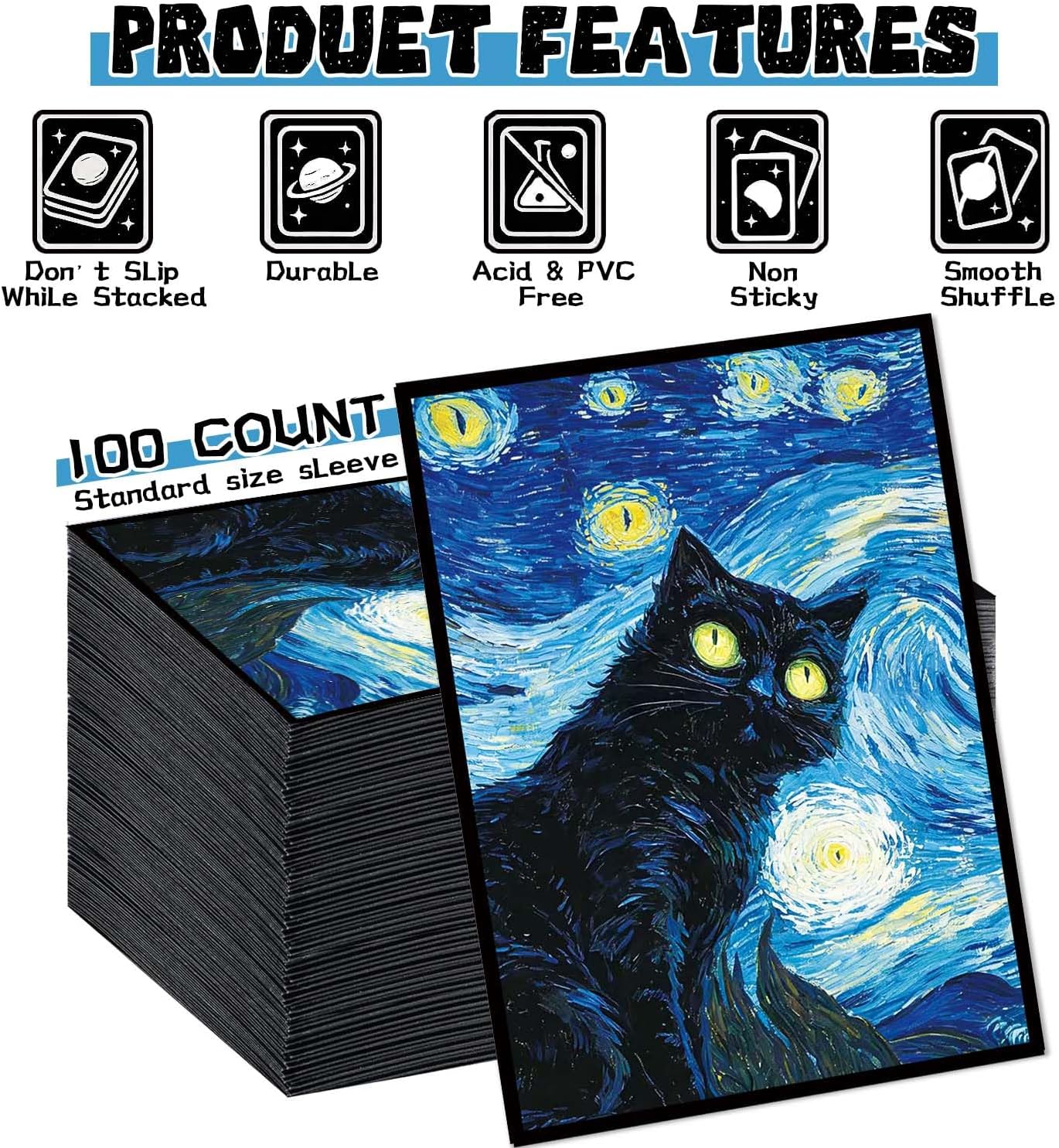 Thumbnail 2 de April Space カードスリーブ 100枚 MTG対応 星月夜黒猫デザイン、透明フロント＆マット仕上げ