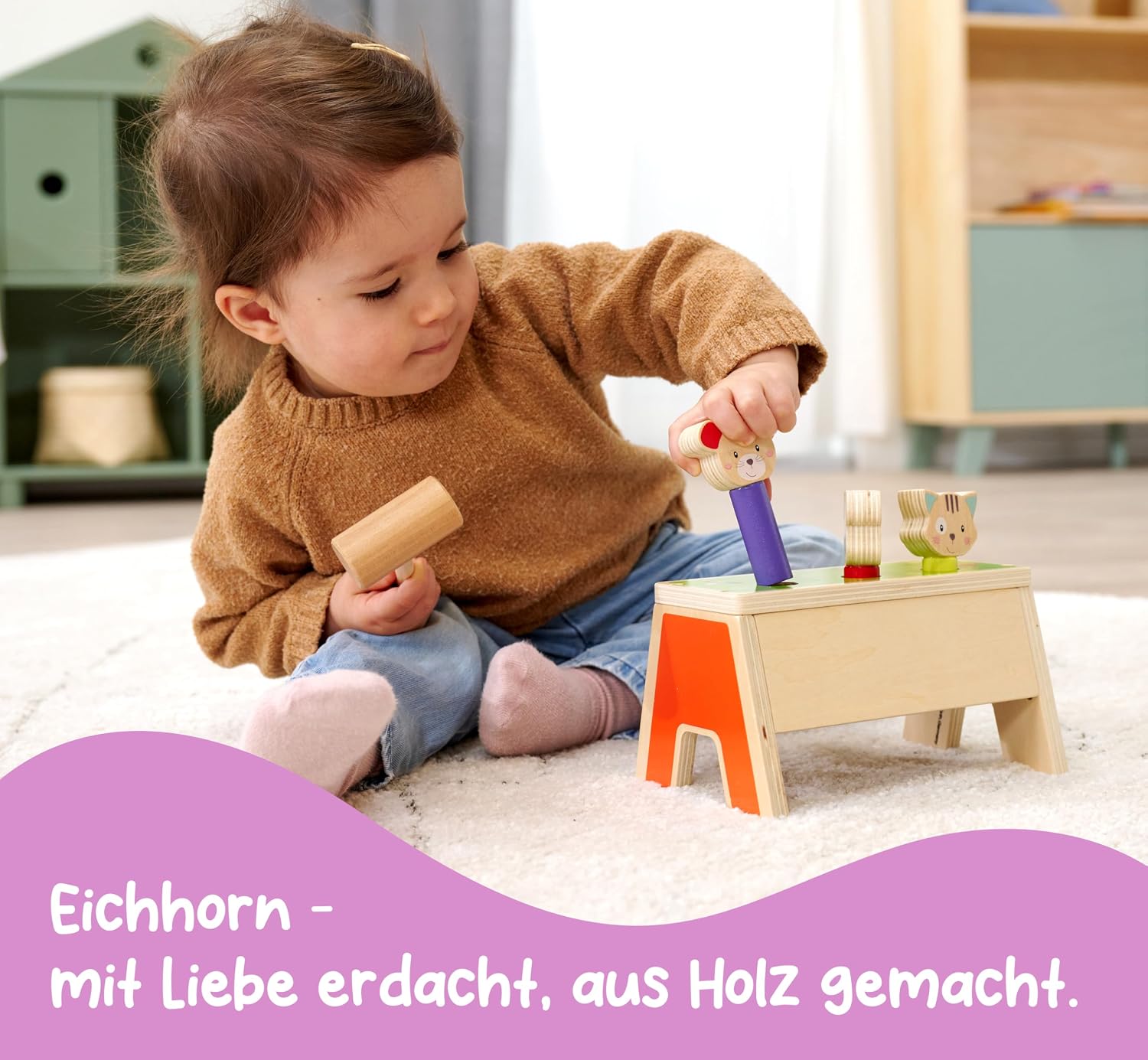 Thumbnail 5 de Eichhorn Pop Up Klopfspiel Friends – 3 bunte Spielflächen, Holzhammer, FSC Birkenholz, ab 1 Jahr, 13×19 cm