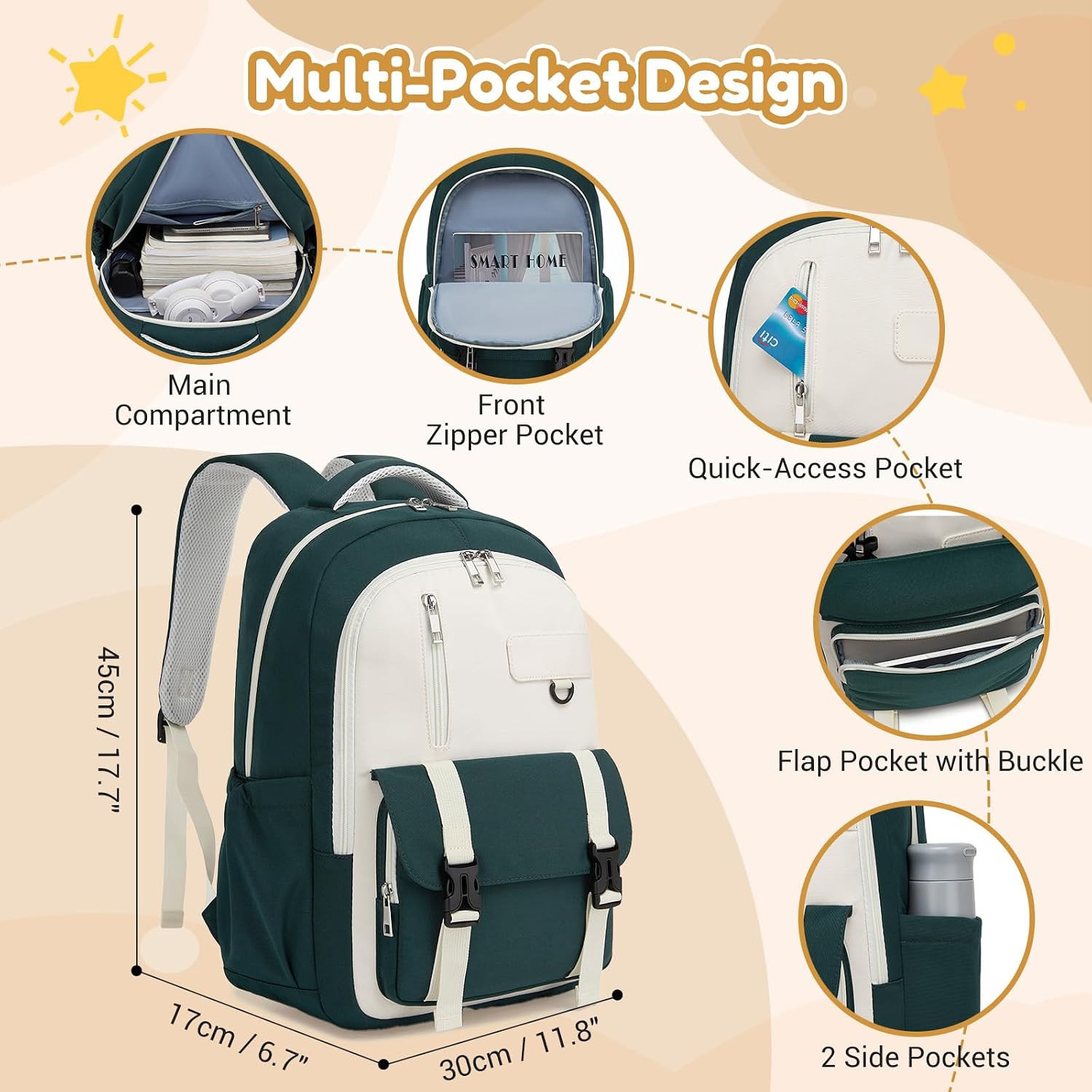 Thumbnail 1 de KONO Schulrucksack Teenager – Leichter Rucksack mit 15,6-Zoll Laptopfach, Grün/Beige