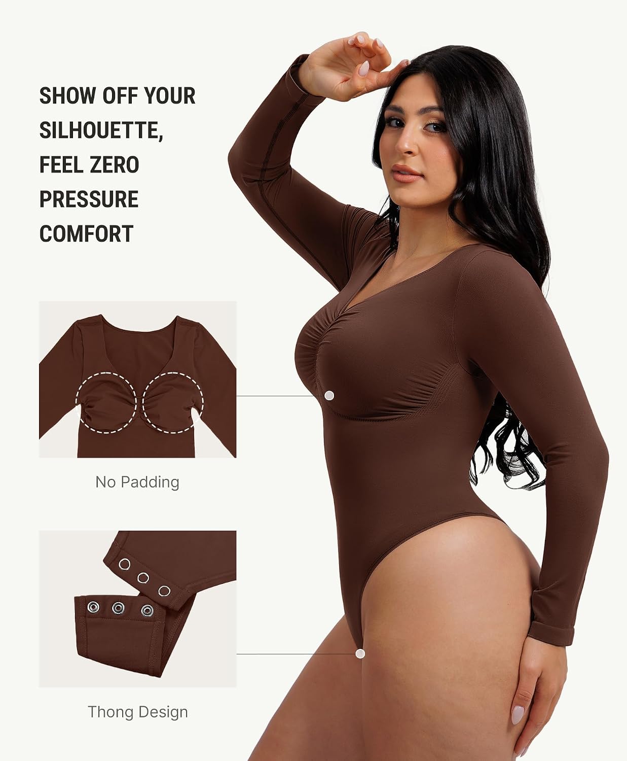 Detalle de FeelinGirl MT240067 Long-Sleeve Shapewear Bodysuit with Light Compression
