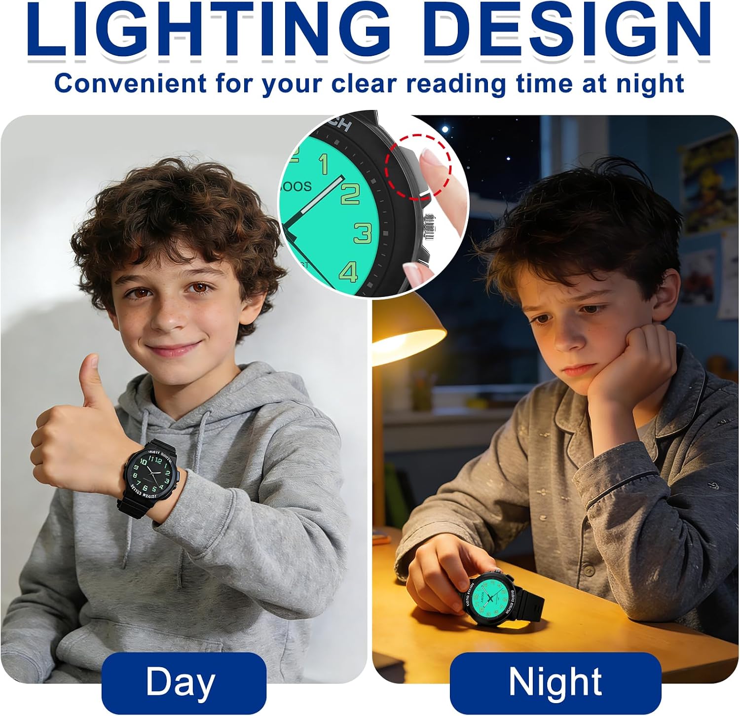 Detalle de Juboos Kinderuhr Analog – 50 m wasserdicht, großes Acrylzifferblatt, beleuchtet, weiches Armband