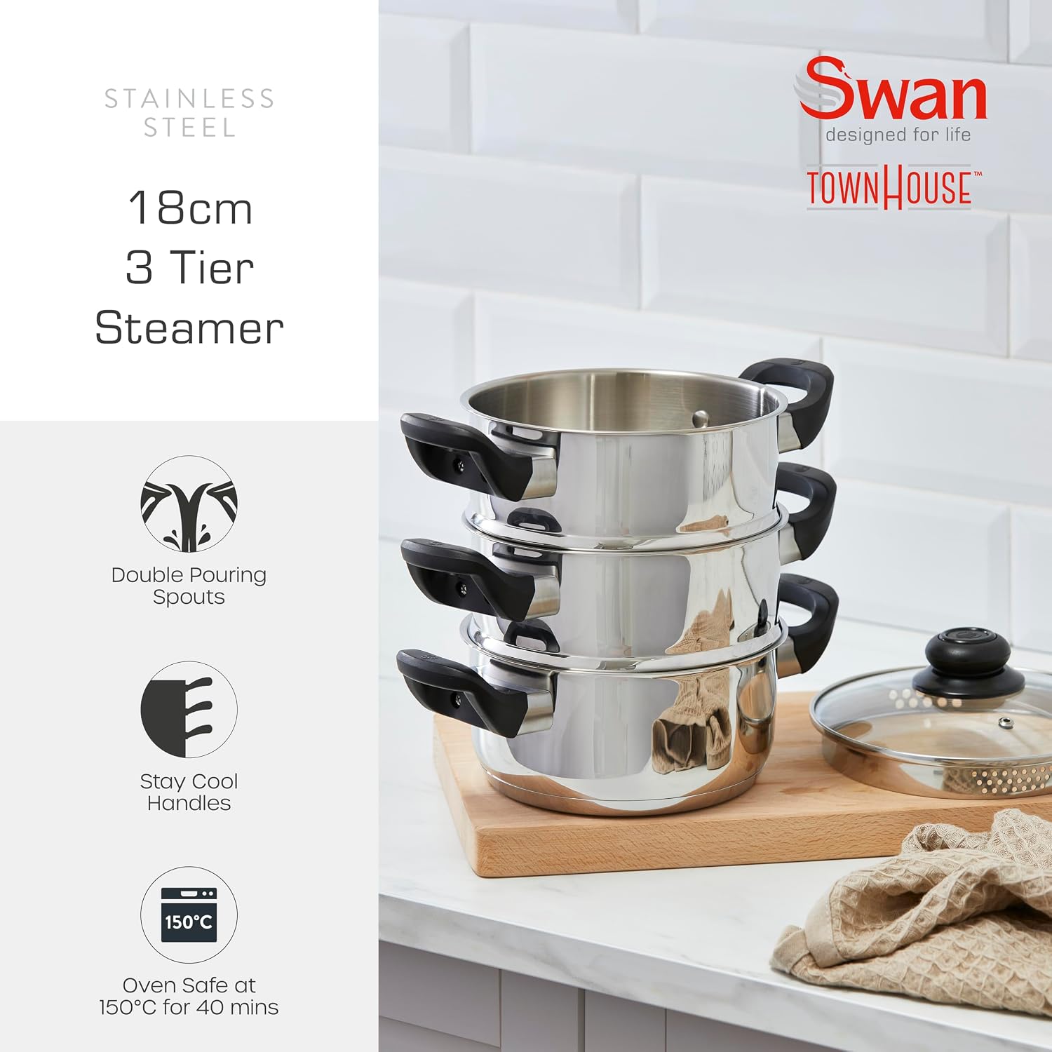 Detalle de Swan Townhouse 18cm 3 Tier Stainless Steel Steamer (SWPS5026SS) – Induction Safe, Glass Lid, Dishwasher Safe