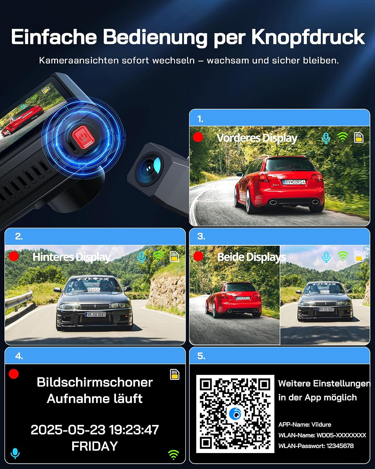 Thumbnail 6 de WOLFANG 4K Dashcam Auto Vorne & Hinten – Dual‑Cam mit WLAN, 3" IPS Bildschirm, 170° Weitwinkel