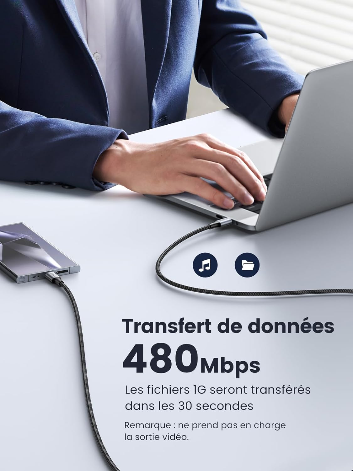 Detalle de UGREEN Câble USB C Charge Rapide PD 100W 2m – Nylon tressé, PD3.0, 5A/20V