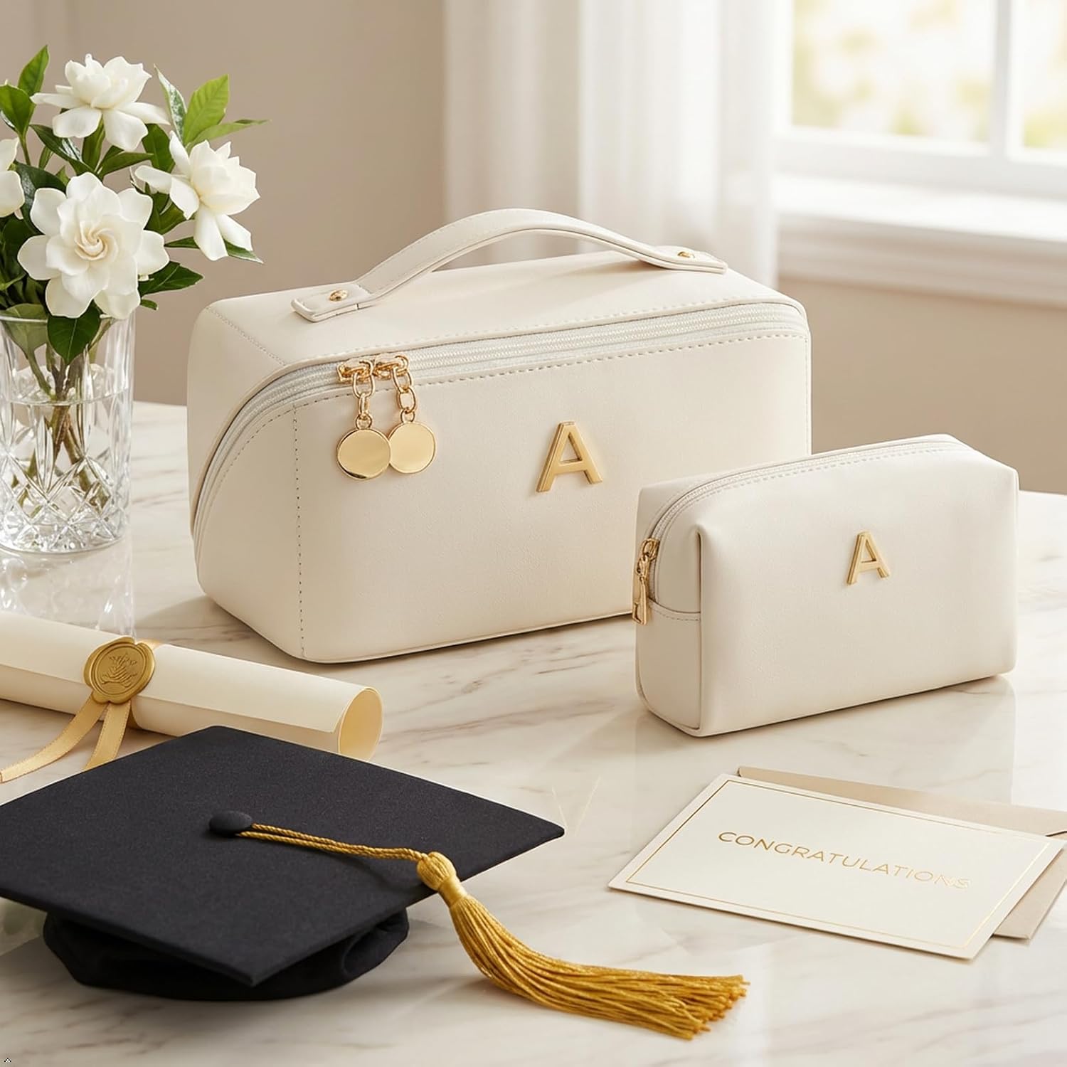 Thumbnail 1 de CLOUDWINGS Personalized Initial Makeup Organizer Bag Set for Women & Teen Girls (Beige) — Open-Flat Travel Cosmetic Bags