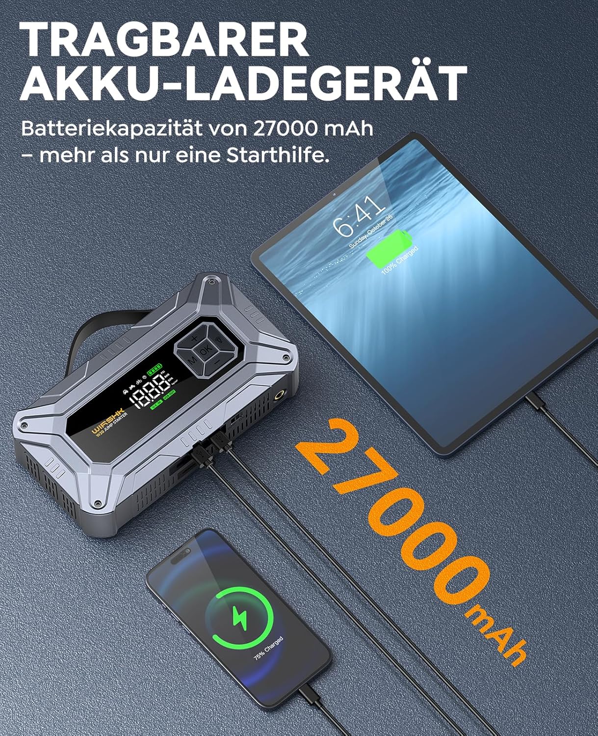 Thumbnail 4 de WIRSHK Batterie Booster 8000A mit Luftpumpe (160 PSI), Display & Notleuchte