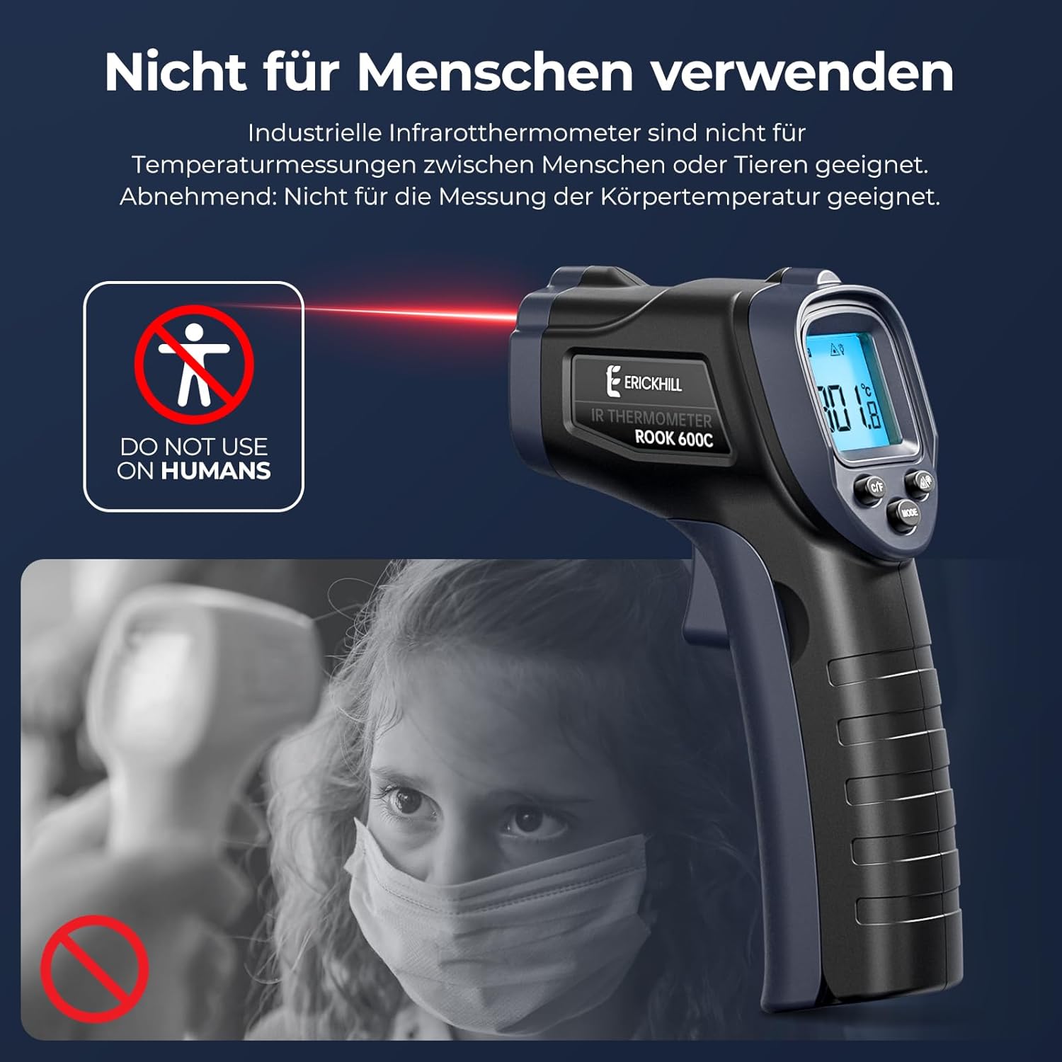 Thumbnail 6 de ERICKHILL Infrarot-Thermometer Laser 12:1 (‑50 bis 600 °C) mit einstellbarem Emissionsgrad – berührungslos