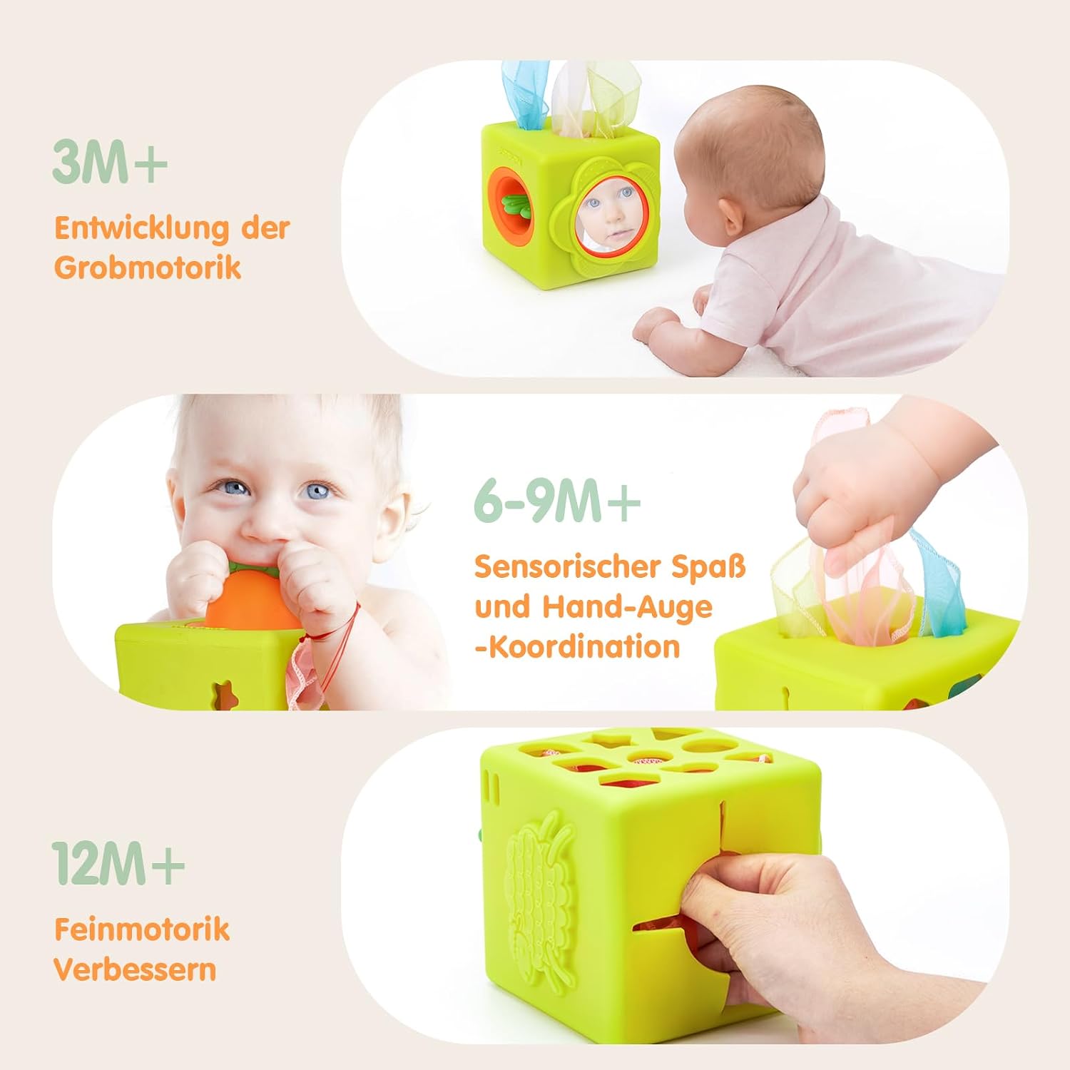Thumbnail 6 de hahaland Baby Spielzeug 6 Monate – Silikon-Tücherbox, 6-in-1 Montessori Würfel mit Texturen, Spiegel und Beißring