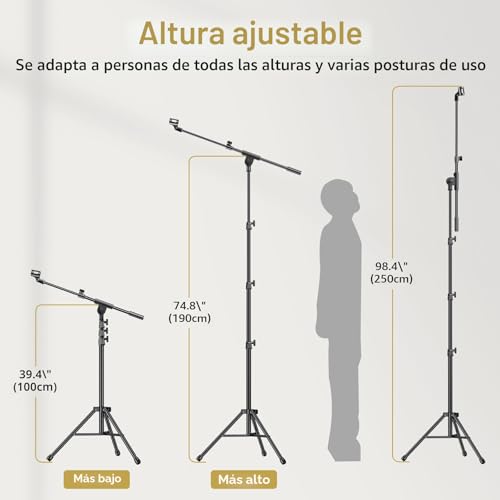 Detalle de TONOR T35: Soporte de micrófono con trípode robusto, brazo ajustable y soporte para tablet/ móvil