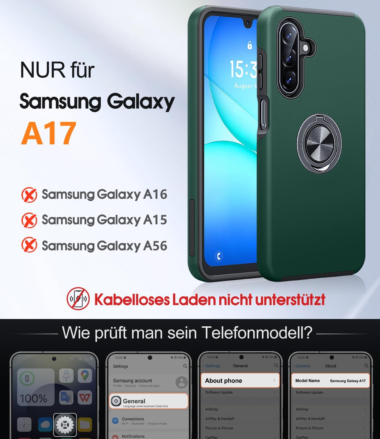 Thumbnail 1 de AOUIA Hülle für Samsung Galaxy A17 5G mit 2x Panzerglas, 360° Ring-Ständer, Militärschutz – Dunkelgrün