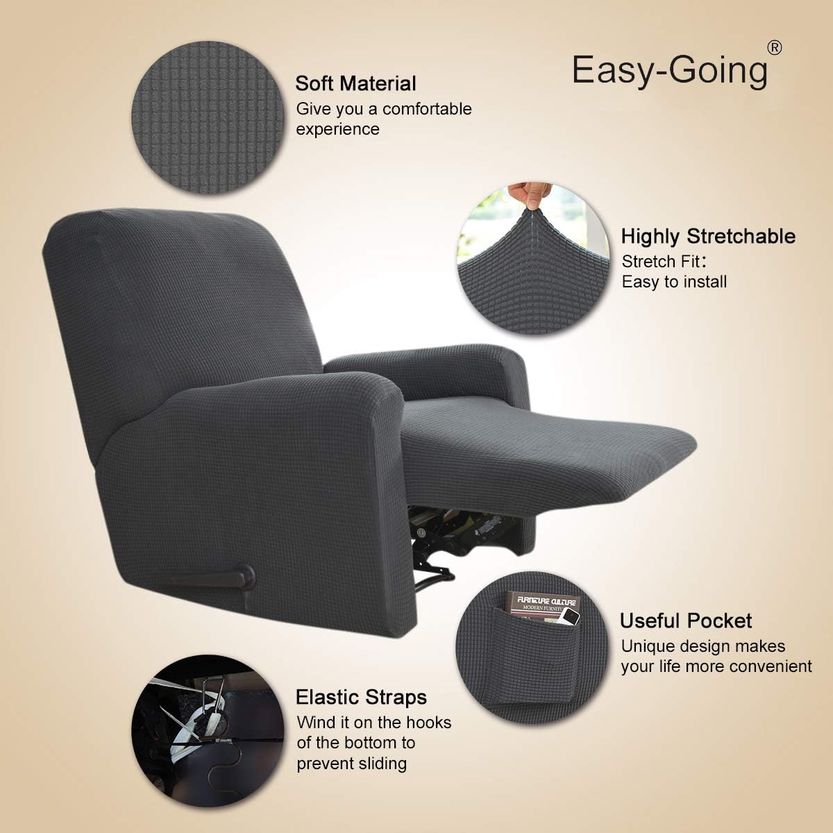 Detalle de Easy-Going Recliner Stretch Sofa Slipcover (4-Piece) in Dark Gray, Spandex Jacquard Small Checks