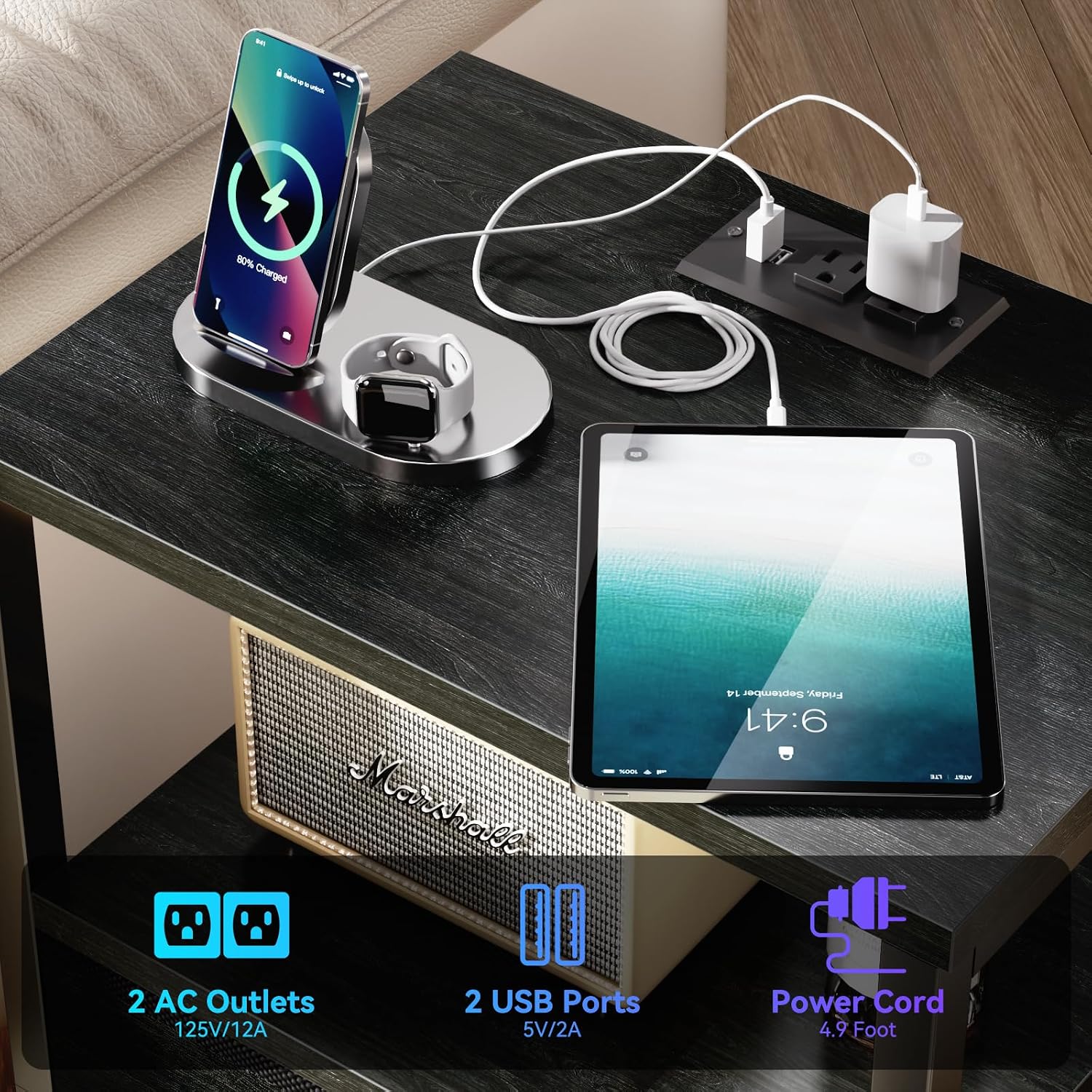 Thumbnail 4 de Furologee Nightstands Set of 2 with Charging Station, LED Lights, and Fabric Drawers — Black Oak
