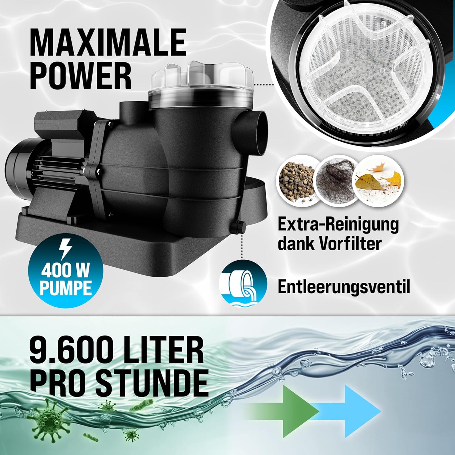 Thumbnail 1 de MONZANA® Sandfilteranlage SF96K 9.600 L/h für Pools bis 30.000 L inklusive Filterbälle, 7-Wege-Ventil, 2-in-1 Adapter Ø32-38 mm, 400 W