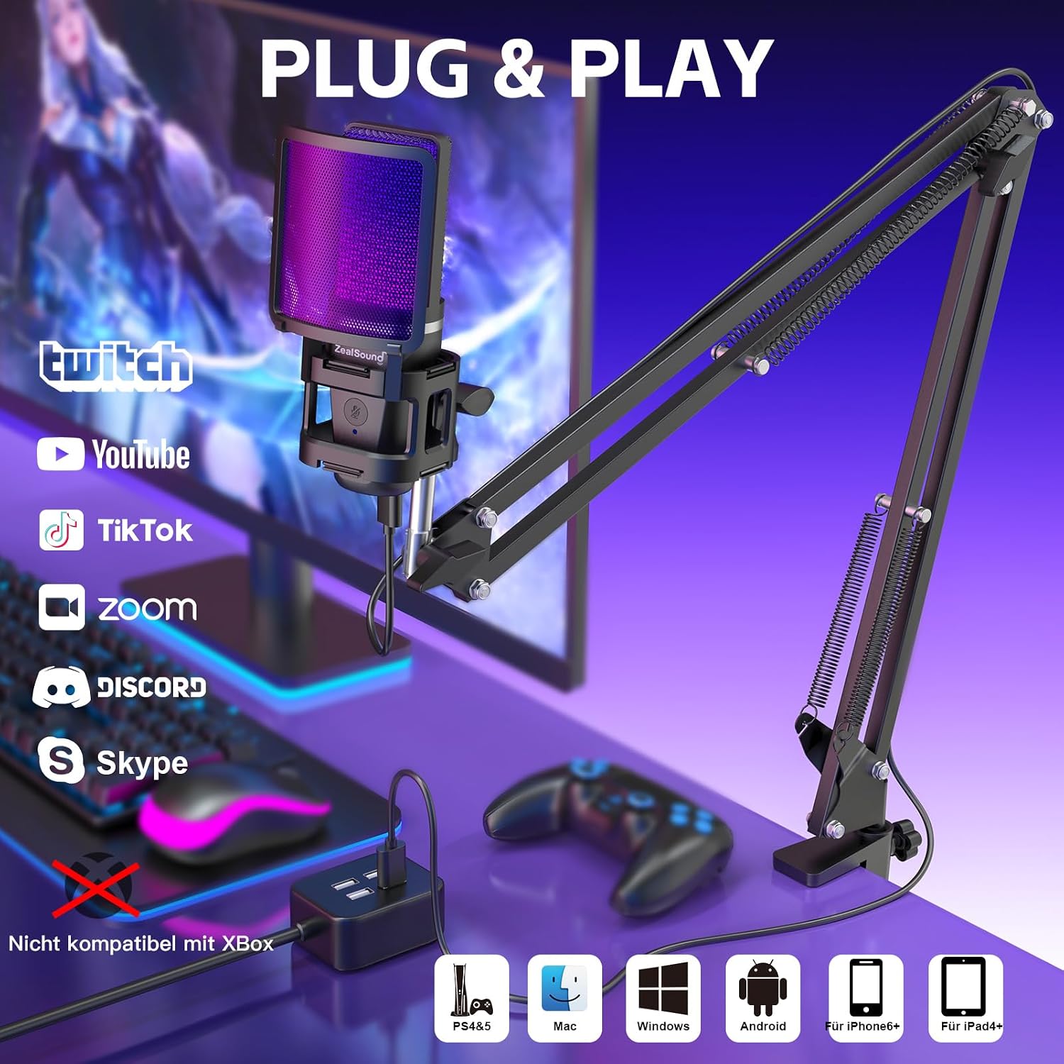 Detalle de zealsound USB Gaming Mikrofon 96 kHz mit RGB