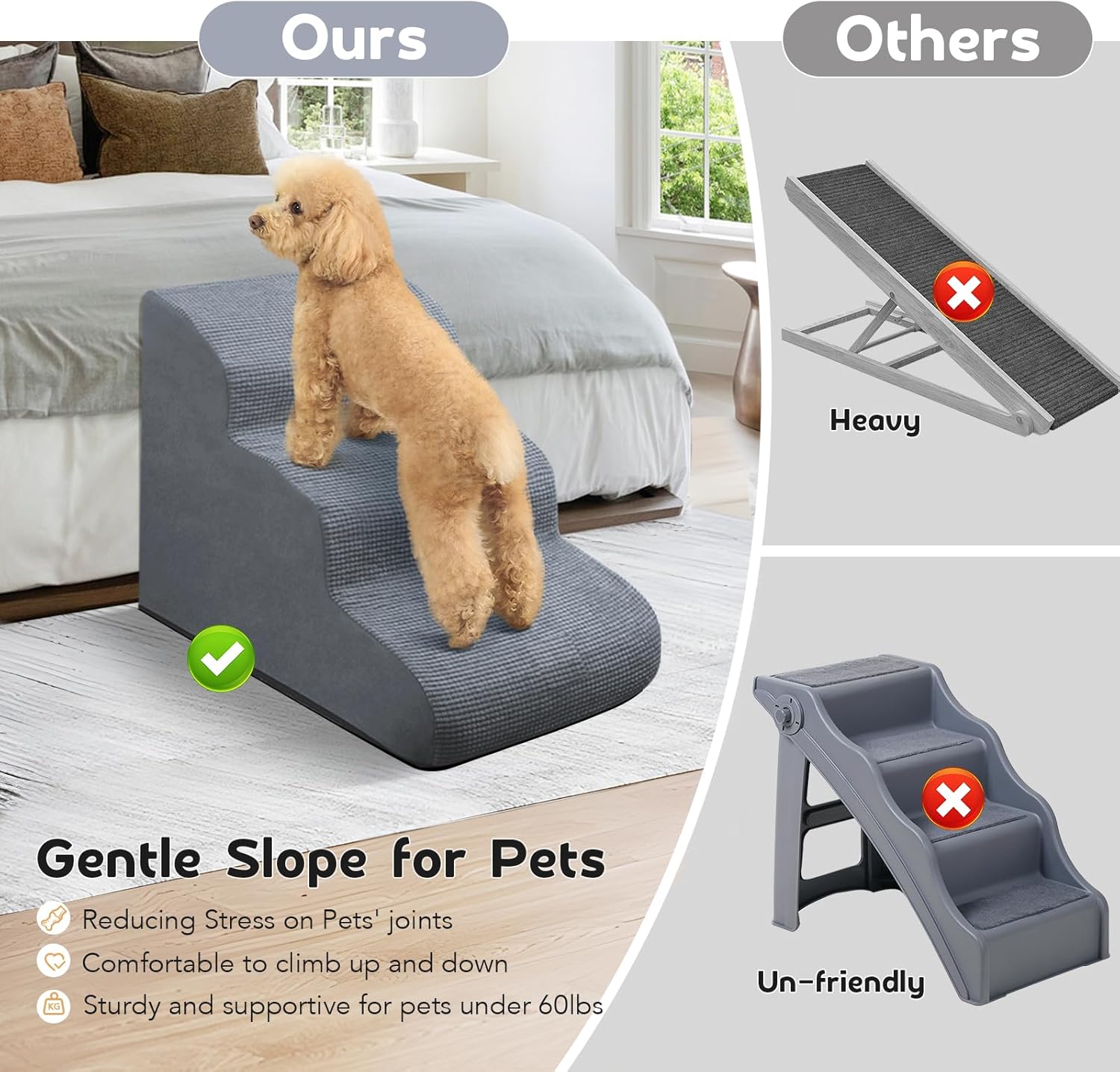 Thumbnail 2 de Dog Stairs 3-step grey foam ramp for small pets