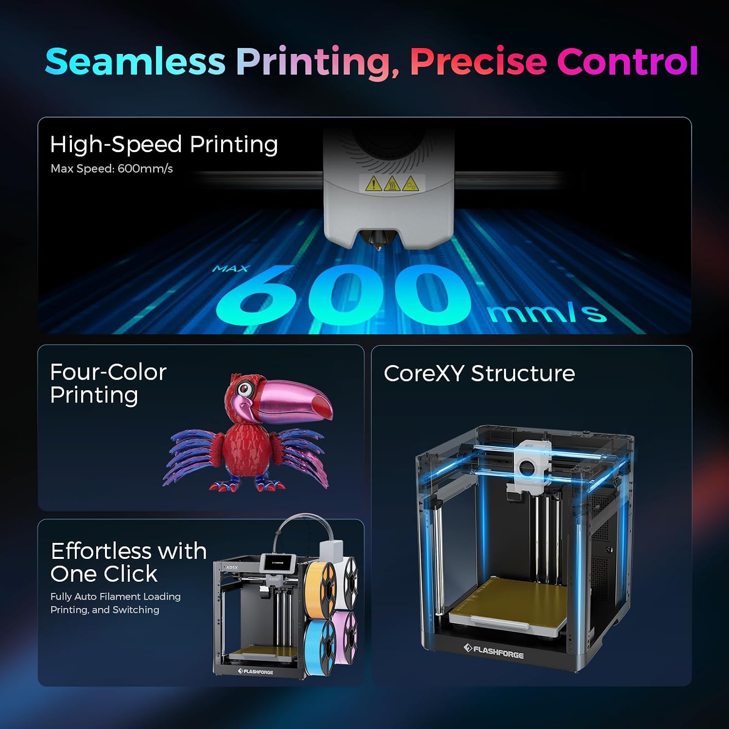 Detalle de Flashforge Adventurer 5X: Mehrfarbendruck, automatische Nivellierung und PETG CF-Unterstützung – 220×220×220 mm
