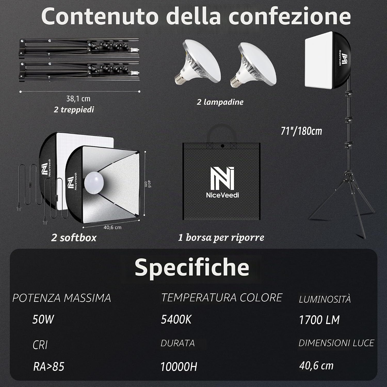 Thumbnail 6 de Softbox LED 50 W Kit con 40x40 cm, 150 cm Treppiede e 2 confezioni | Illuminazione continua versatile