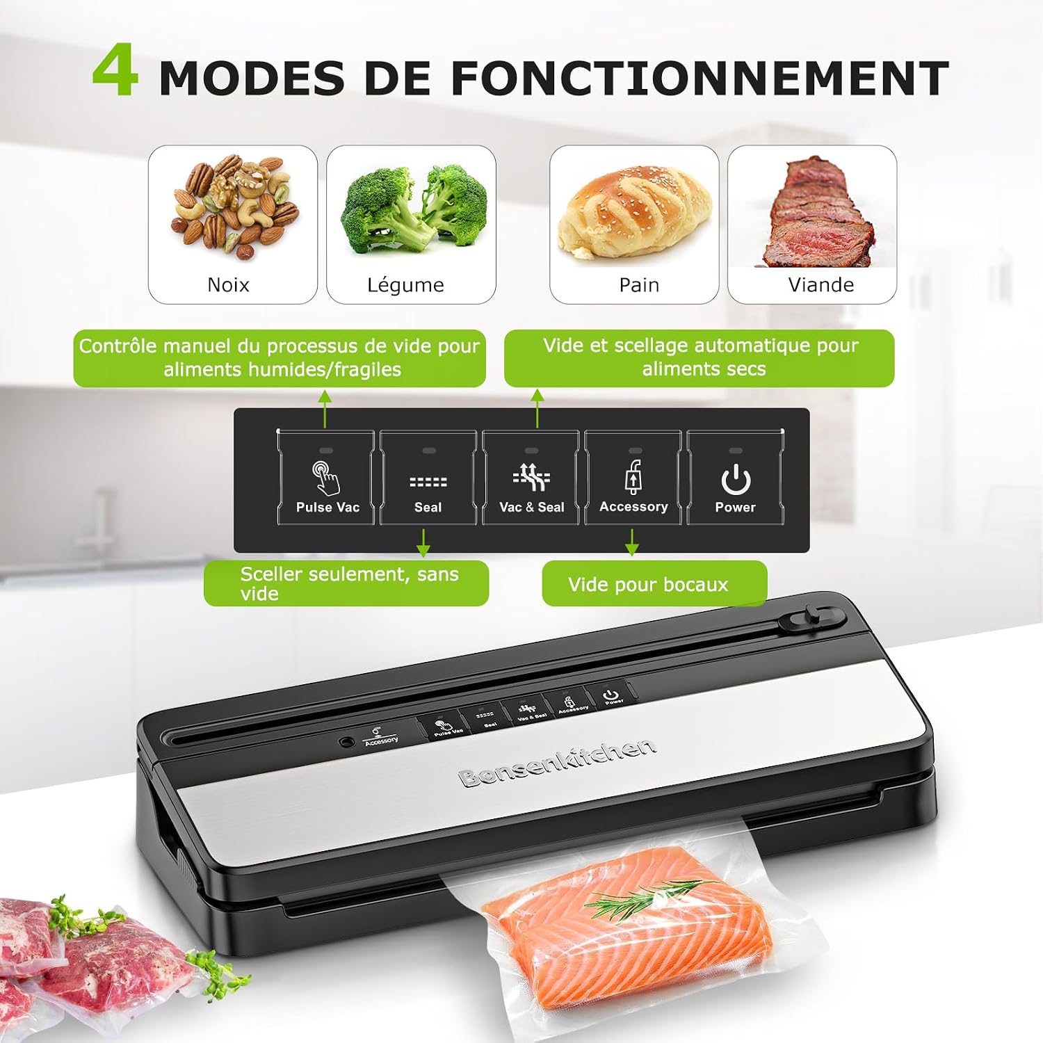 Detalle 2 de Bonsenkitchen VS3016 machine sous vide 50 sacs đ„«