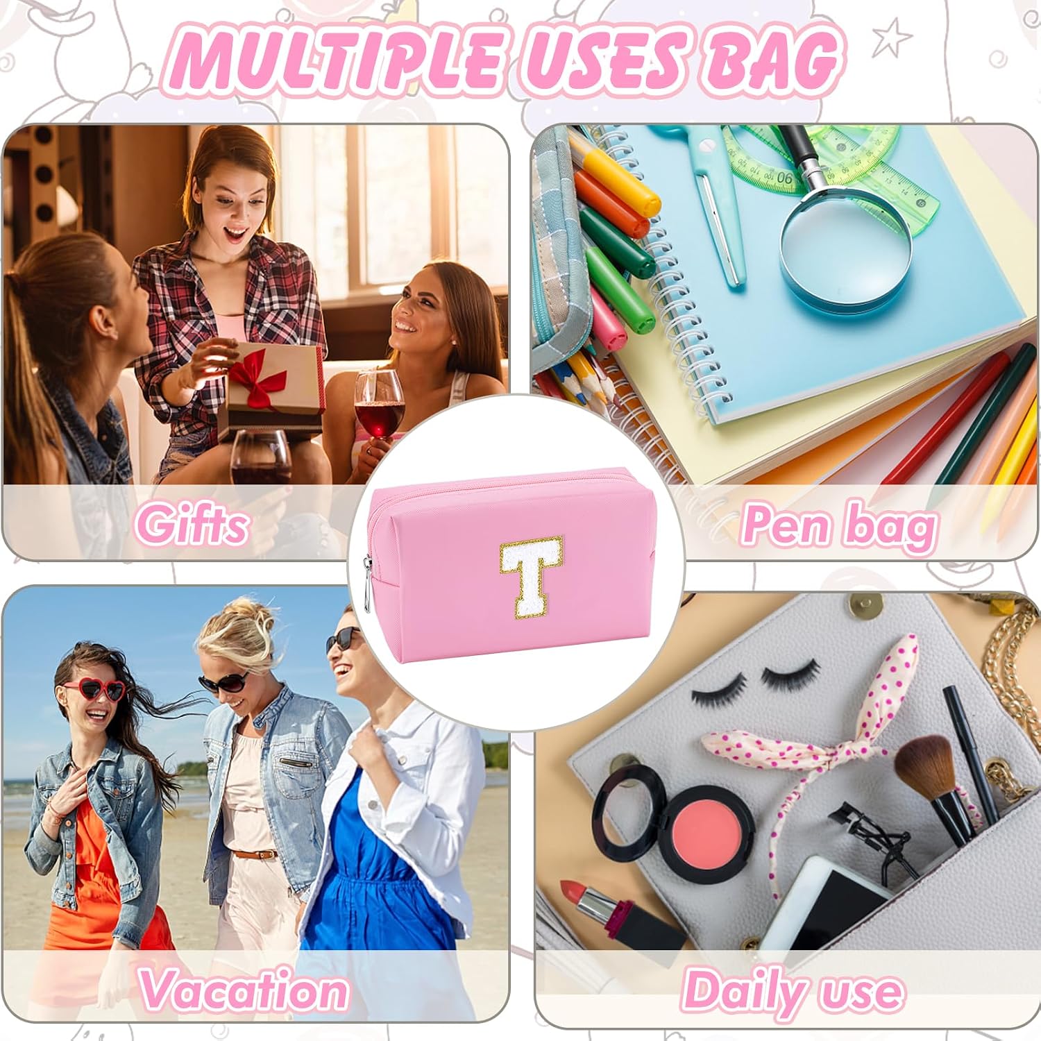 Detalle de URSKYTOUS Initial Preppy Makeup Bag 7.6in