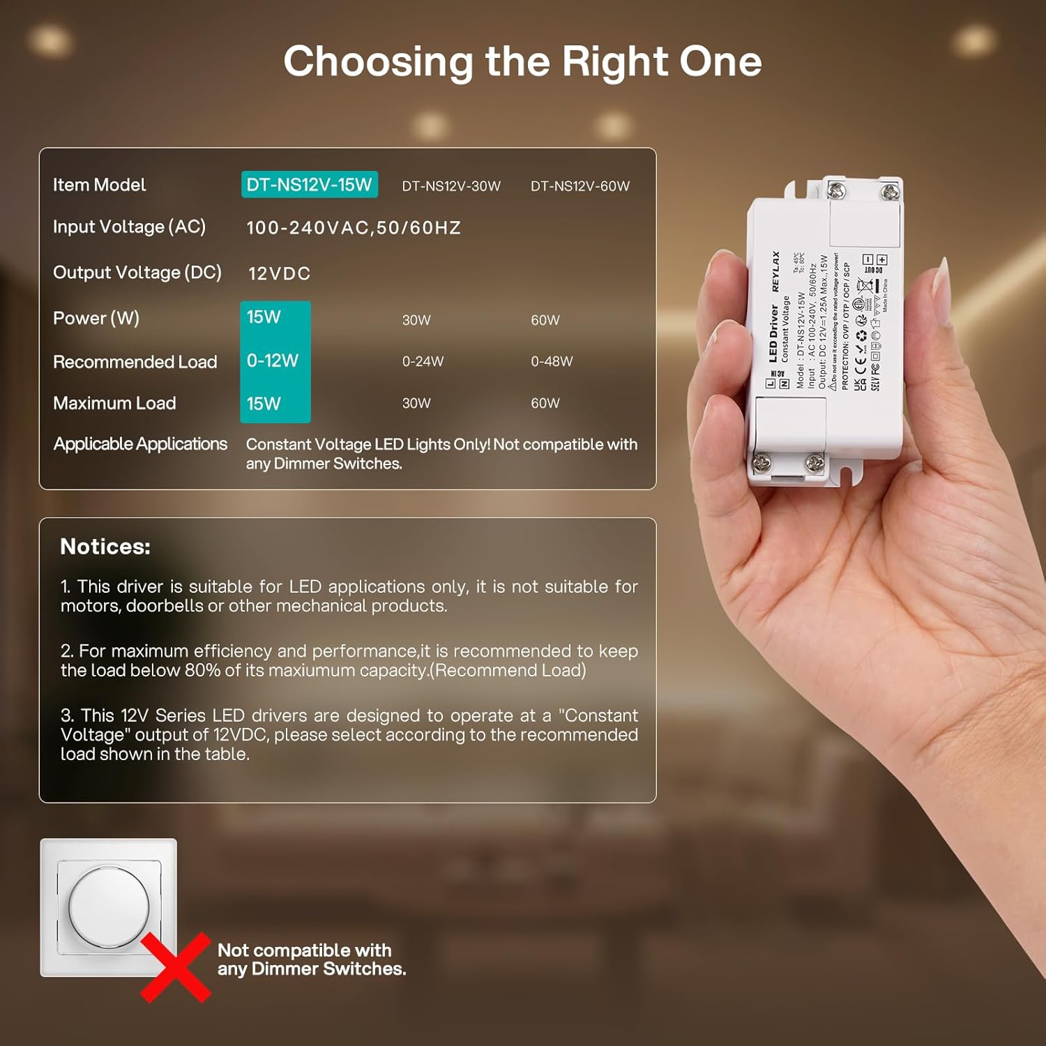 Detalle de REYLAX 12V LED Driver 15W 1.25A — Compact Constant Voltage Power Supply