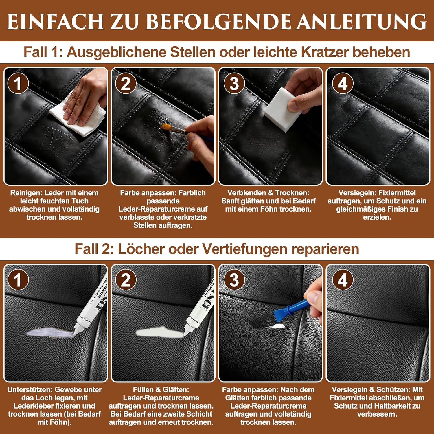 Detalle 1 de Quadence Leder Reparaturset Schwarz, 5-teilig