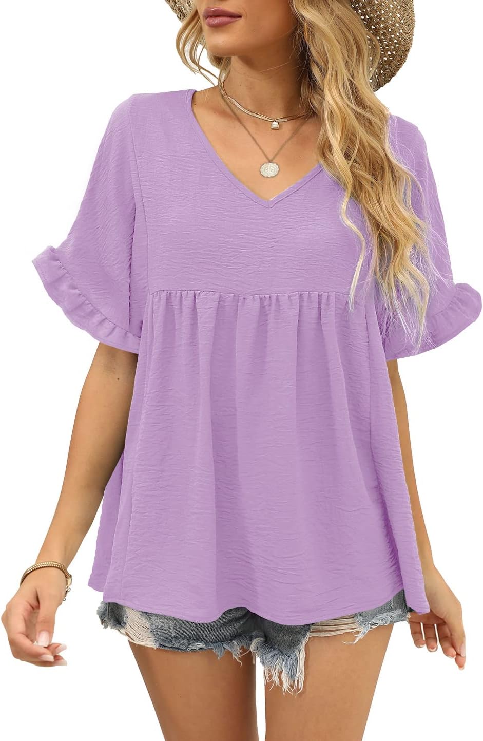 Thumbnail 1 de WIHOLL Women’s Casual V-Neck Ruffle Sleeve Babydoll Peplum Top (100% Polyester)