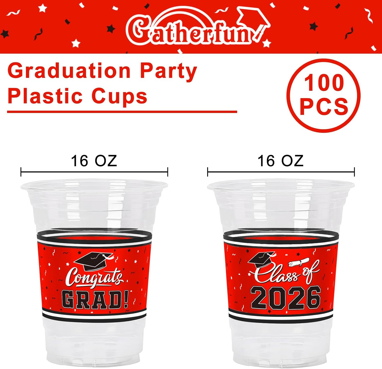 Thumbnail 1 de Gatherfun Class of 2026 Celebration 100-Pack 16oz Red Graduation Plastic Cups