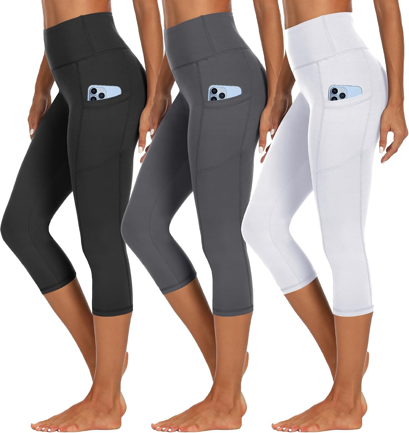 Thumbnail 6 de HIPOWER 3er Pack Damen Leggings mit Taschen – Capri/3/4 Hose High Waist für Yoga und Fitness