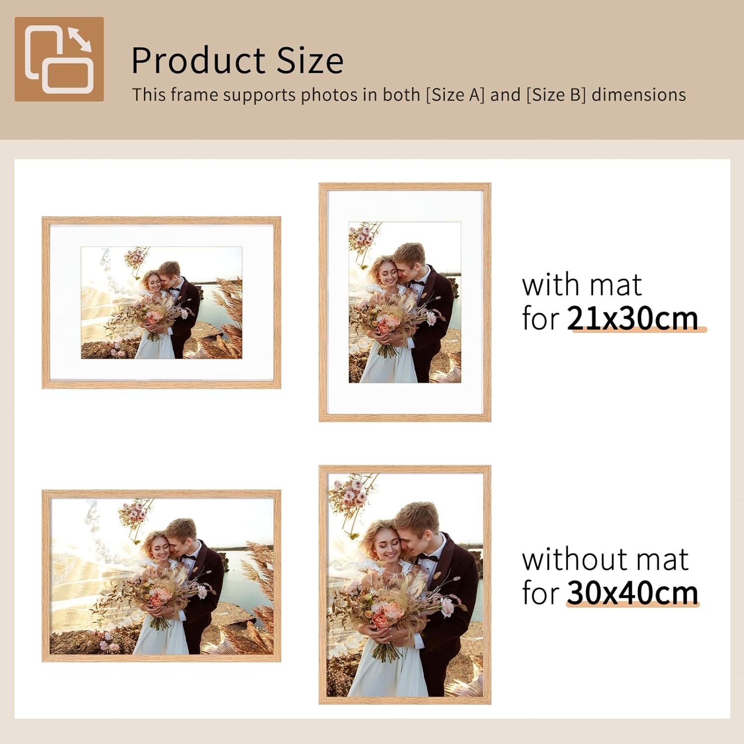 Thumbnail 3 de 30x40 Picture Frame Set of 3 (A4 with mat or 30x40 without mat) in natural wood-effect MDF