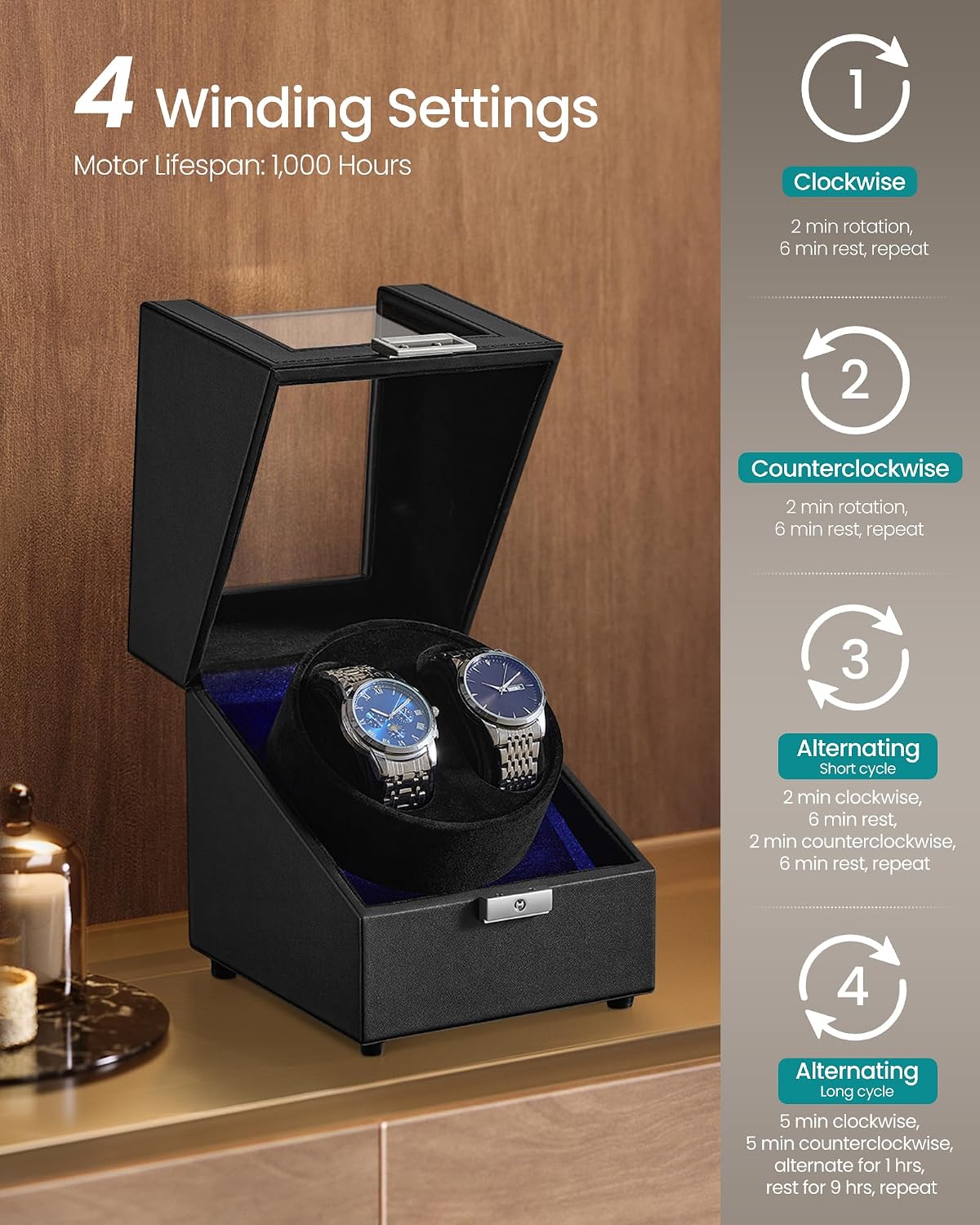 Detalle de SONGMICS Watch Winder for 1 Watch with LED Light, Lock and 4 Rotation Modes