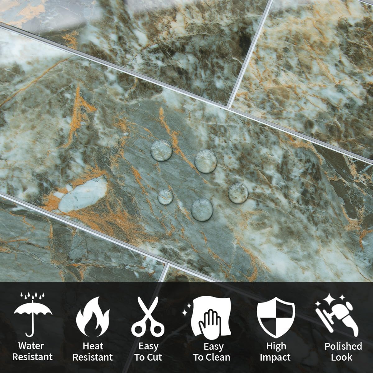 Detalle 2 de AULIGET Green Marble & Gold PVC Peel-and-Stick Backsplash Tiles, 40-Piece