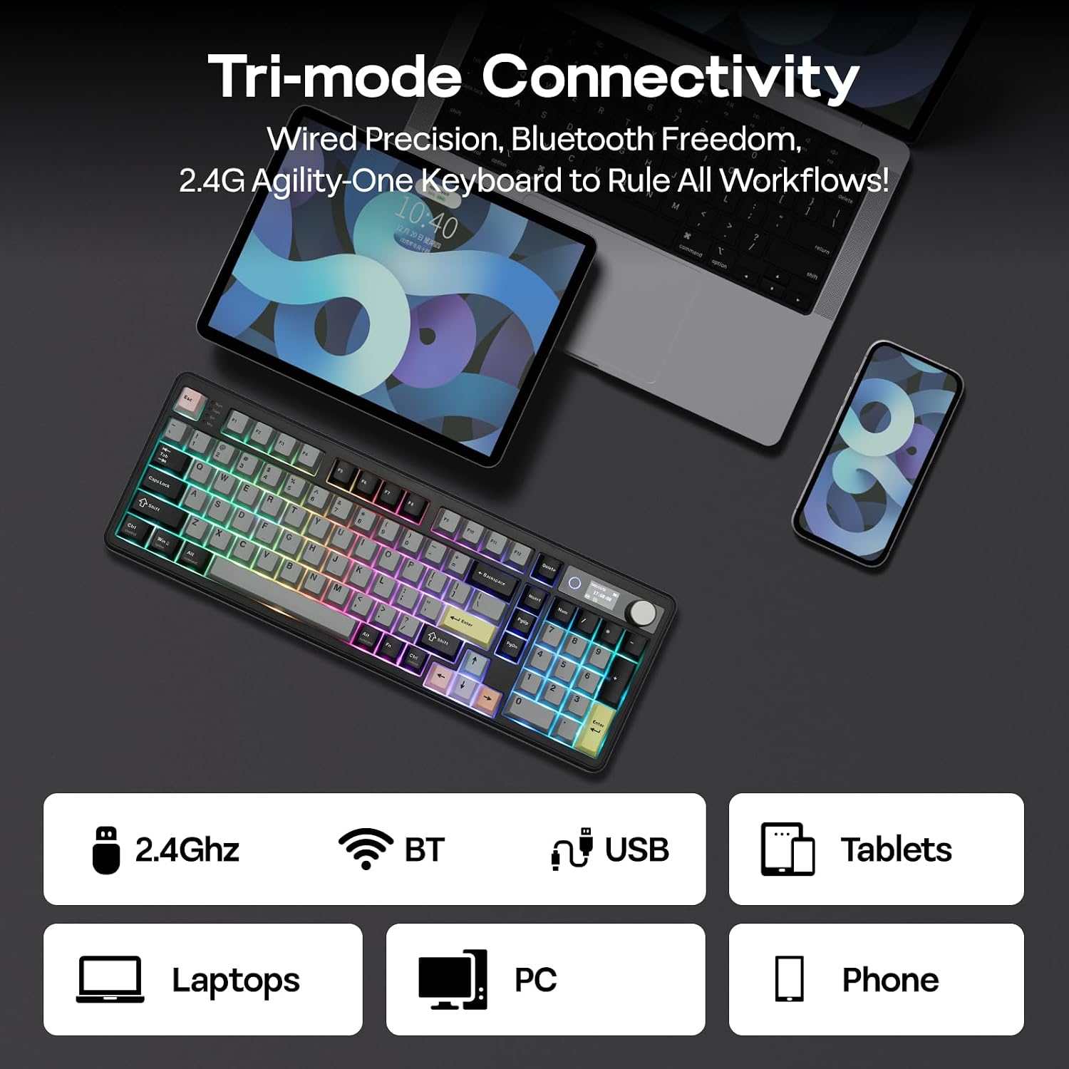 Thumbnail 4 de EPOMAKER TH99 PRO 96% Mechanical Keyboard with Screen & Knob (Hot-Swap, Wireless Tri-Mode) — Black & Creamy Jade