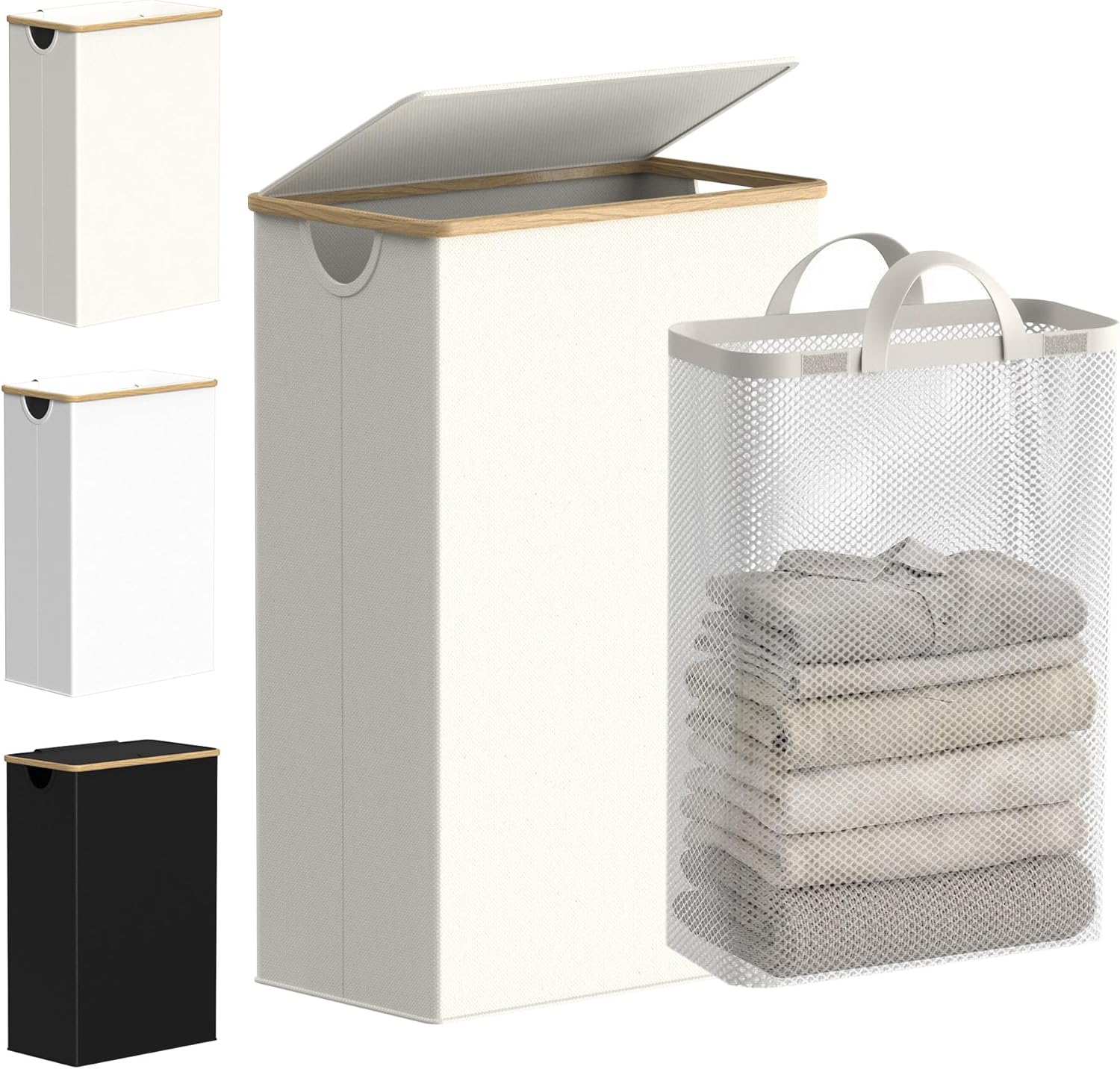 Detalle de efluky 75L Slim Laundry Basket with Lid – Collapsible, with Removable Inner Bag (Beige, Slim 75 Litres)