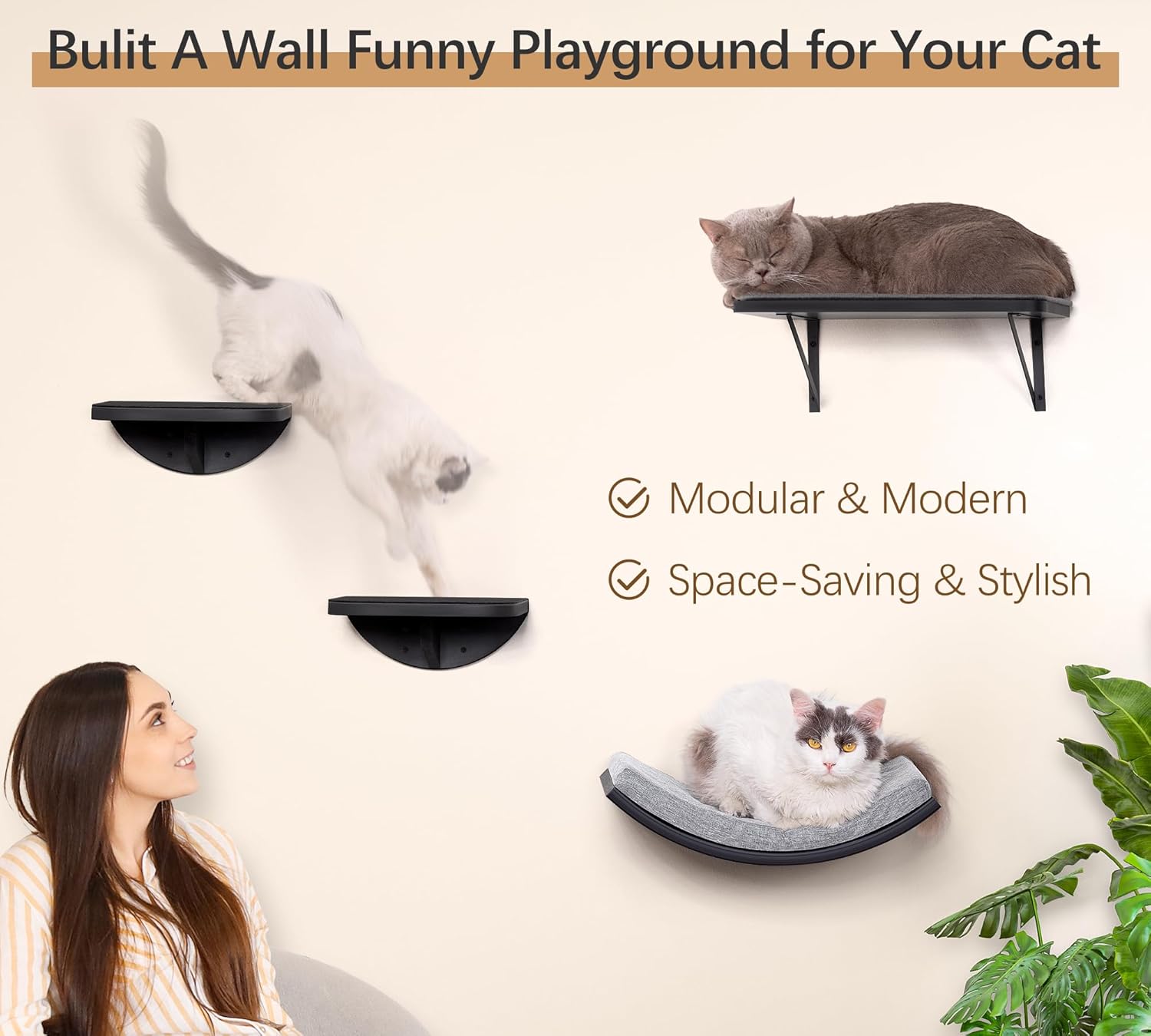 Thumbnail 2 de Curved Cat Wall Shelf with Foam Mat – wall-mounted curved hammock perch for indoor cats