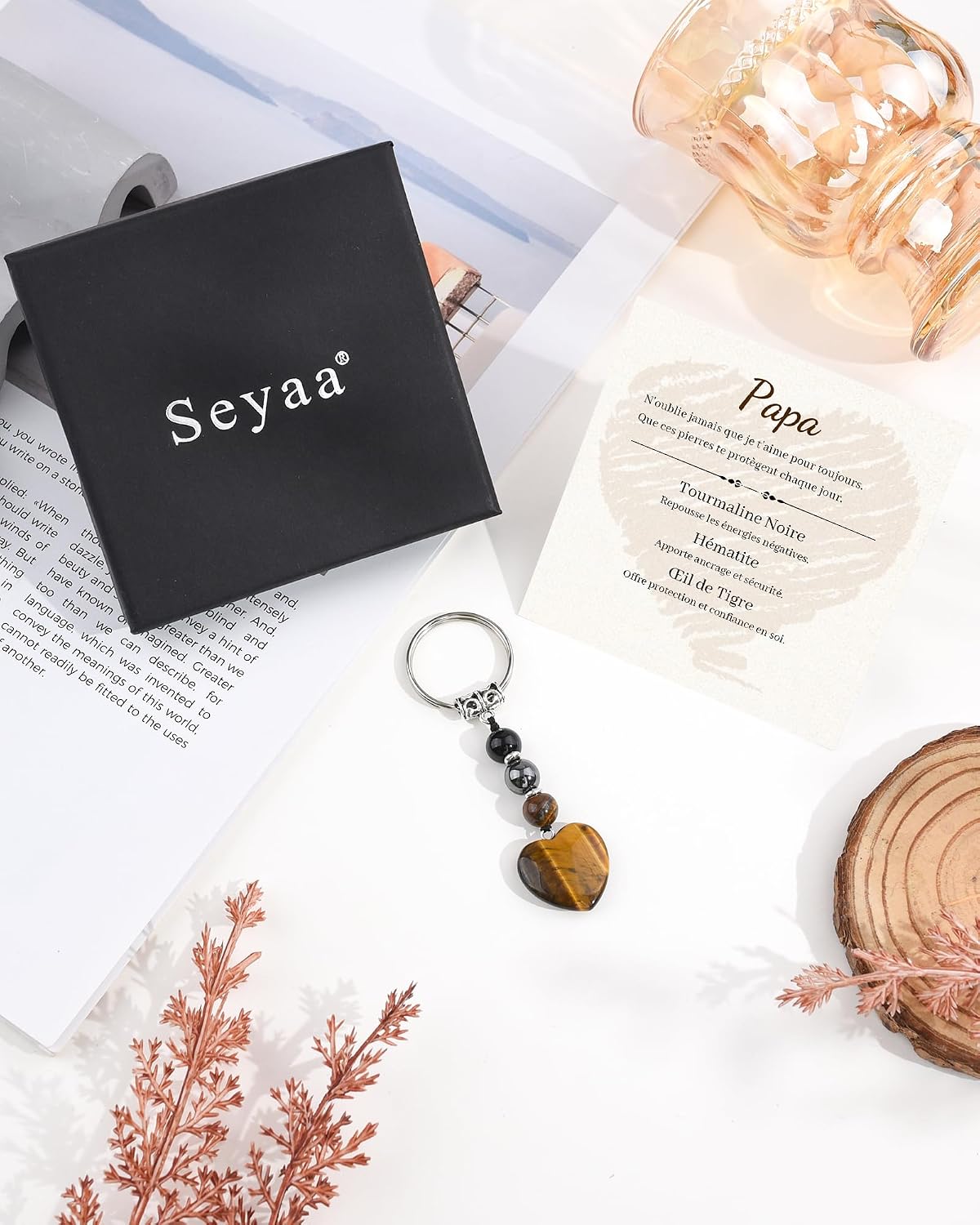 Thumbnail 6 de Seyaa Cadeau Fete des Peres – Porte-clef Coeur en Œil de Tigre, Pierre Naturelle