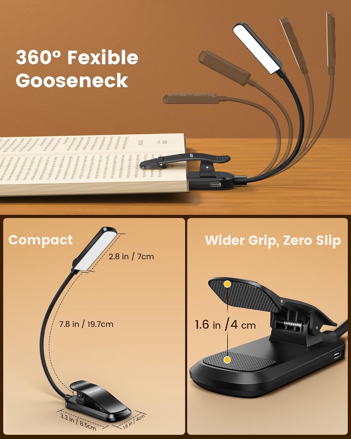 Detalle de Glocusent Lampe de Lecture Livre – 120 h d’autonomie, 5 températures et USB-C
