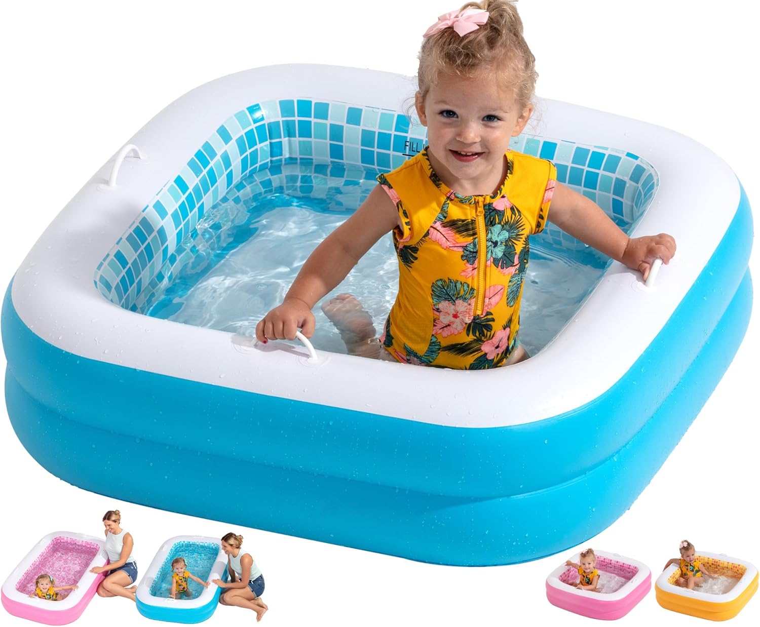3-in-1 Inflatable Baby Pool, Bathtub & Ball Pit (Ages 1–3) with Drain & Grip Handles, 34 x 10