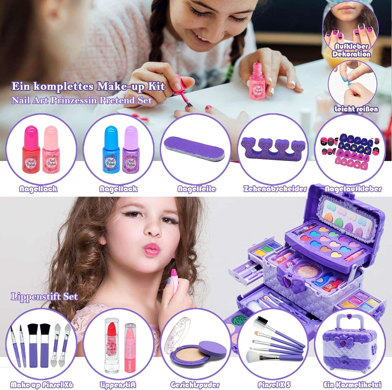 Detalle de Kinderschminke Set Make-up Set „Dark Light Purple“ – 57-teiliges Kinder-Schminkkoffer-Spielzeug für Mädchen (4–12 Jahre)