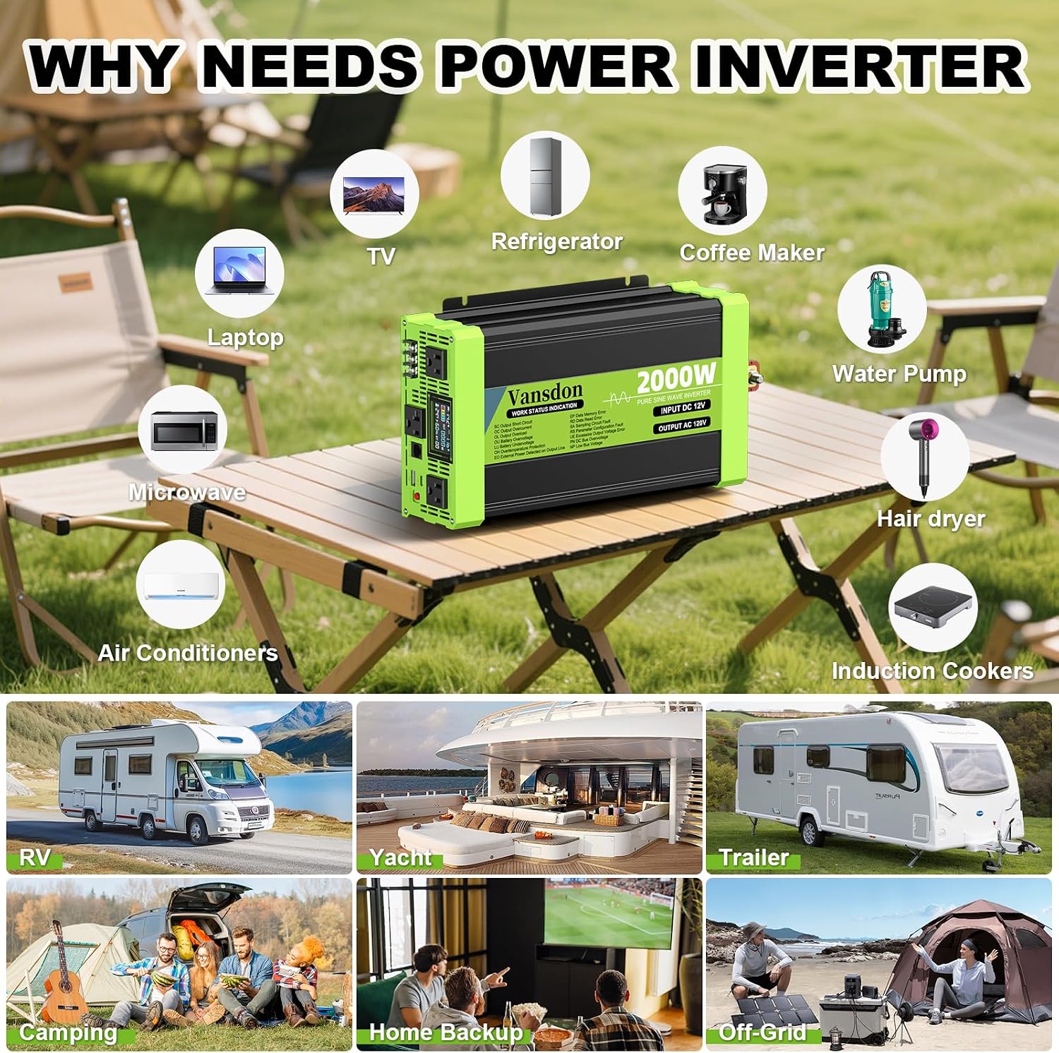 Detalle 2 de Vansdon 2000W Pure Sine Wave Inverter (12V DC to 120V AC) for RV, Truck, Solar, Home Off-Grid Use