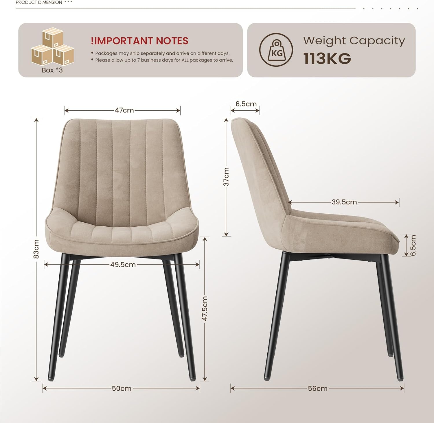 Detalle de COLAMY Velvet Dining Chairs Set of 6: Khaki Upholstered Dining Chairs with Velvet Fabric and Metal Leg Frames