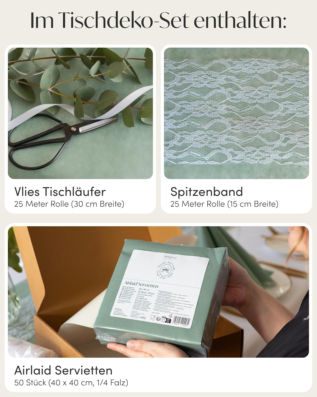 Thumbnail 3 de 100%Mosel Tischdeko-Set Eukalyptus Grün & Weiß für 25–50 Gäste – Vlies-Tischläufer, Airlaid-Servietten & Spitzenband