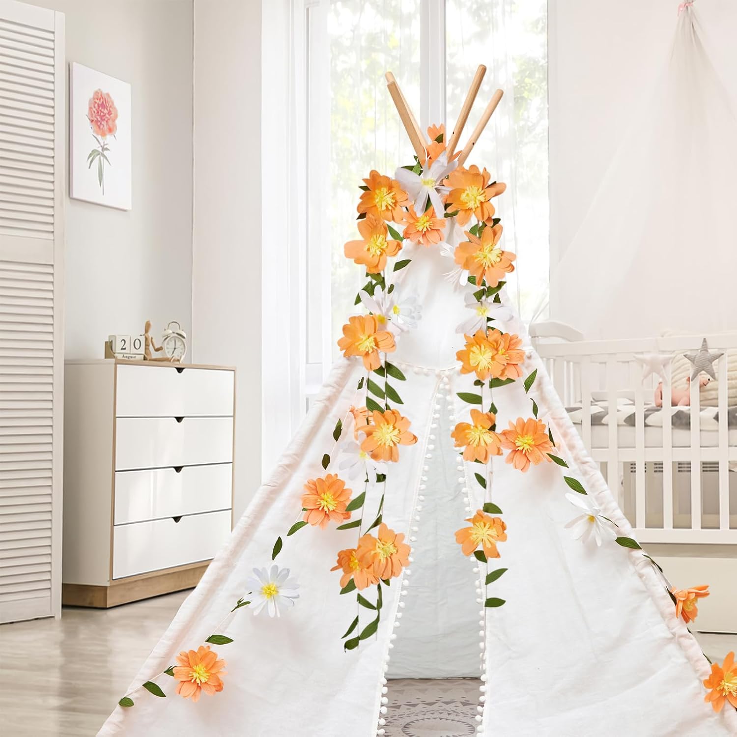 Thumbnail 1 de Easy Joy Paper Flower Garland 8.2ft - Spring Orange & White Floral Banner with Green Leaves