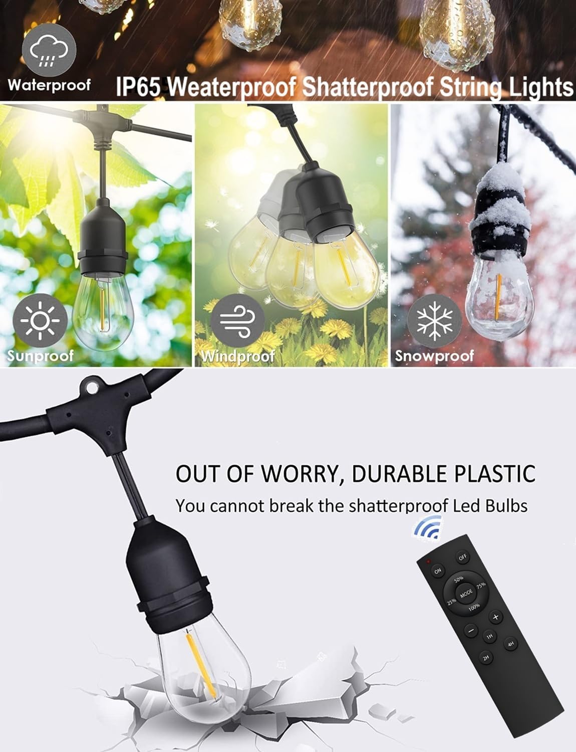 Detalle de 30M Festoon Lights Outdoor with Remote Control – 30+2 LEDs, IP65, Timer, and 4.4m Extension Cable